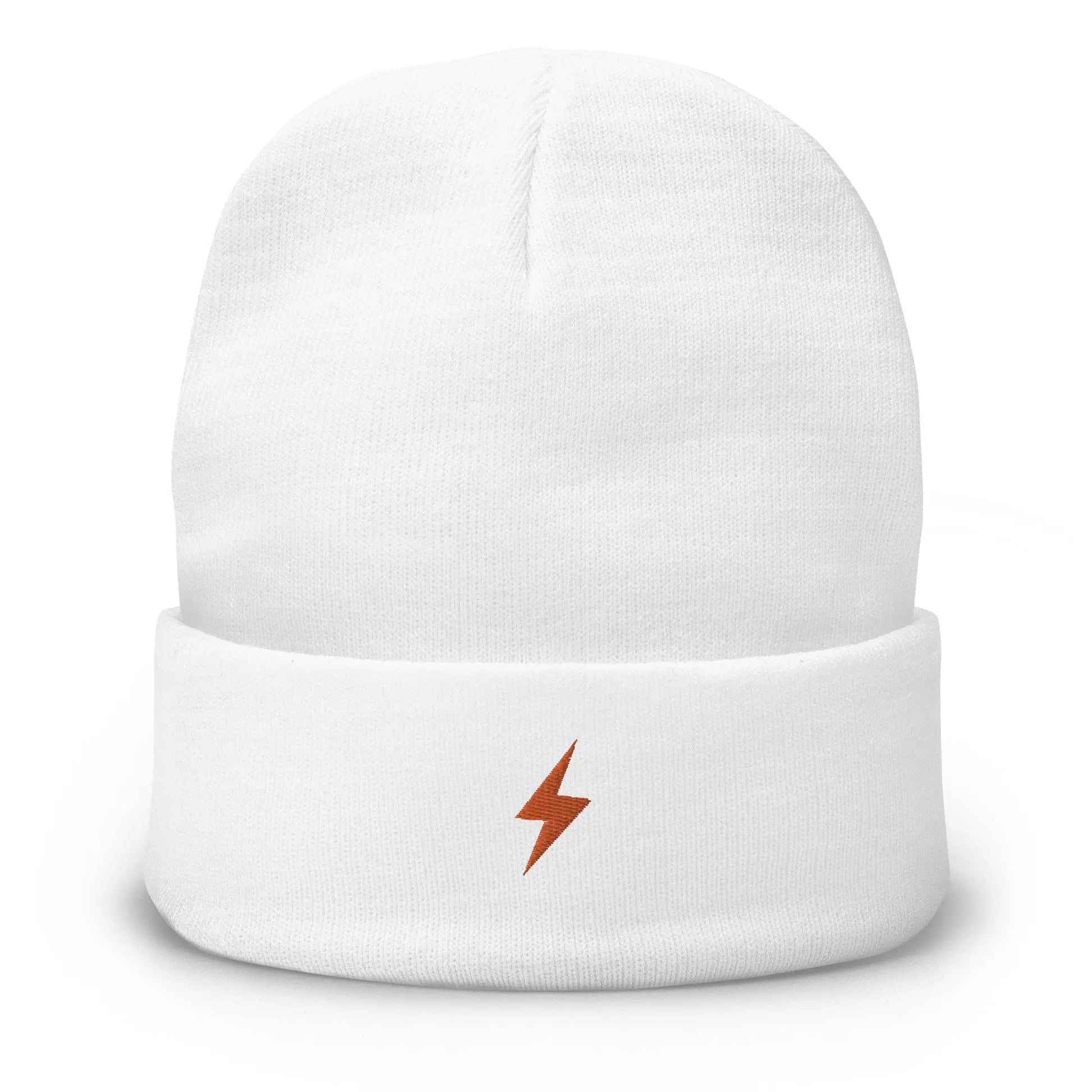 bitcoin beanie - lightning symbol - orange embroidery - front view - white