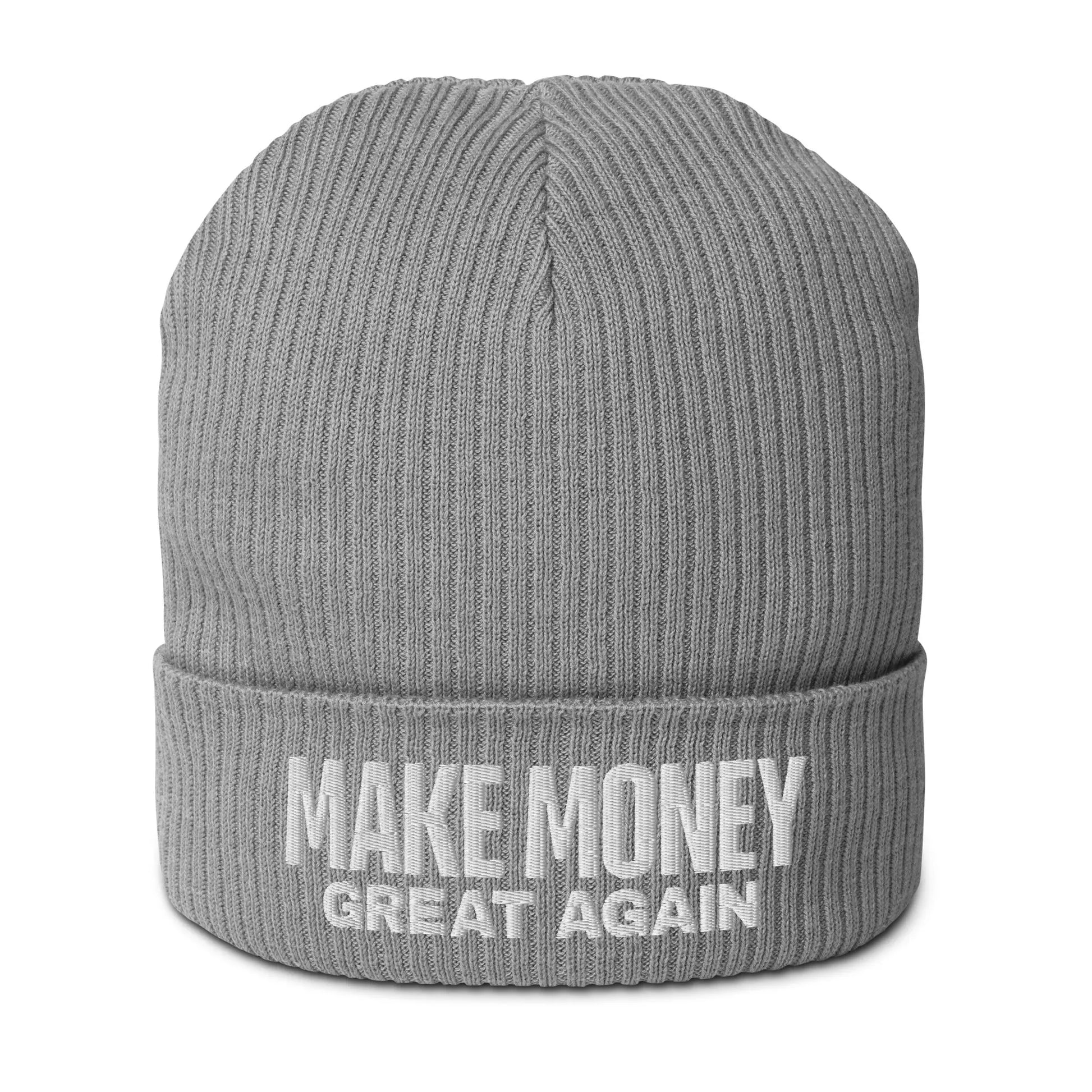 bitcoin beanie - make money great again - front view - grey