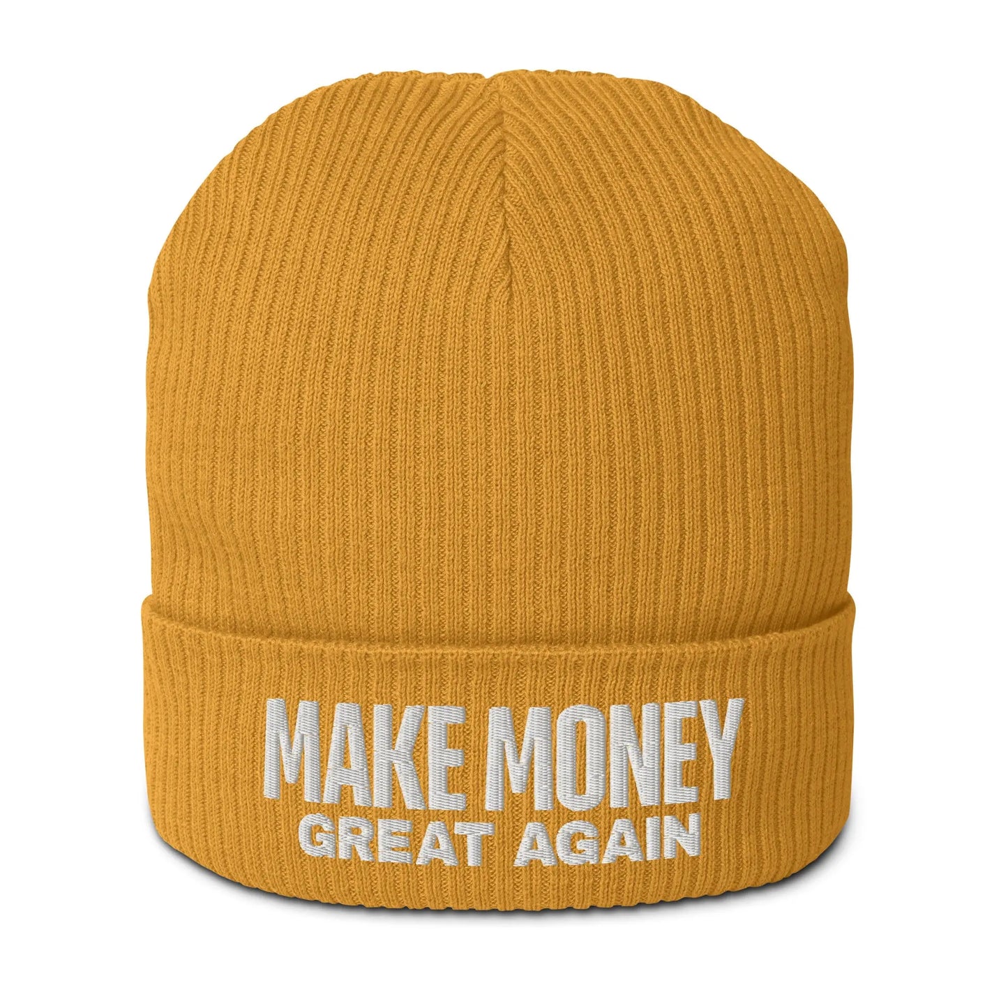 bitcoin beanie - make money great again - front view - mustard yellow
