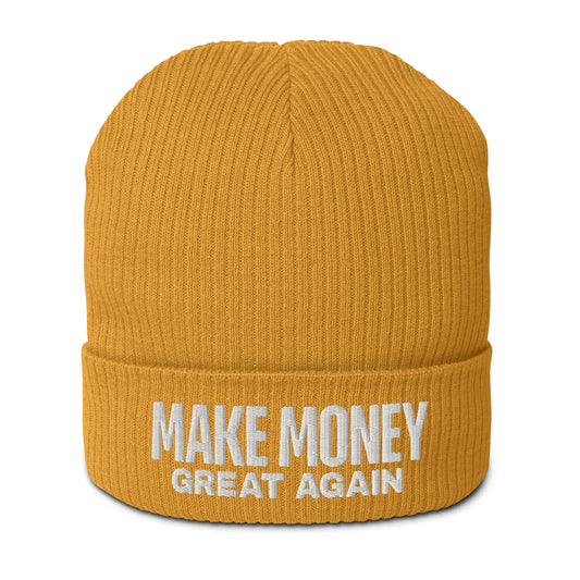 bitcoin beanie - make money great again - front view - mustard yellow