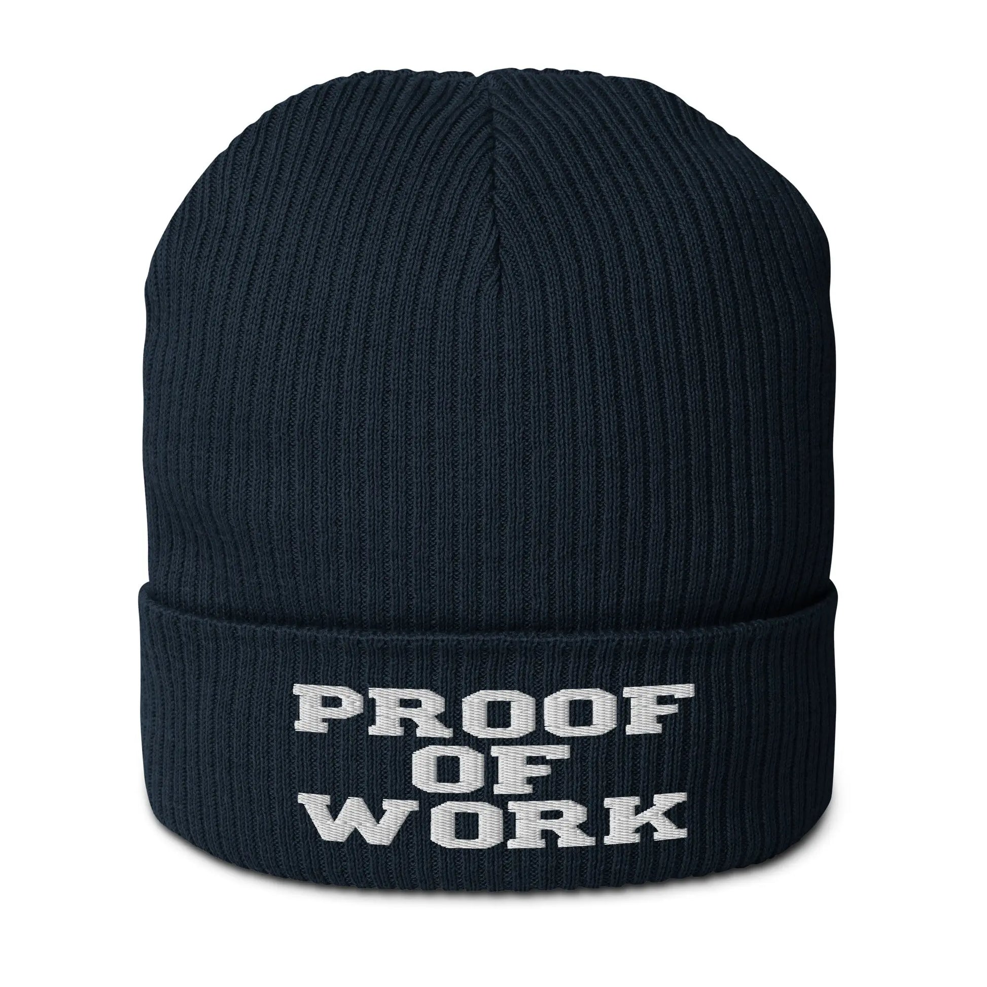 bitcoin beanie - proof of work - front view - navy blue