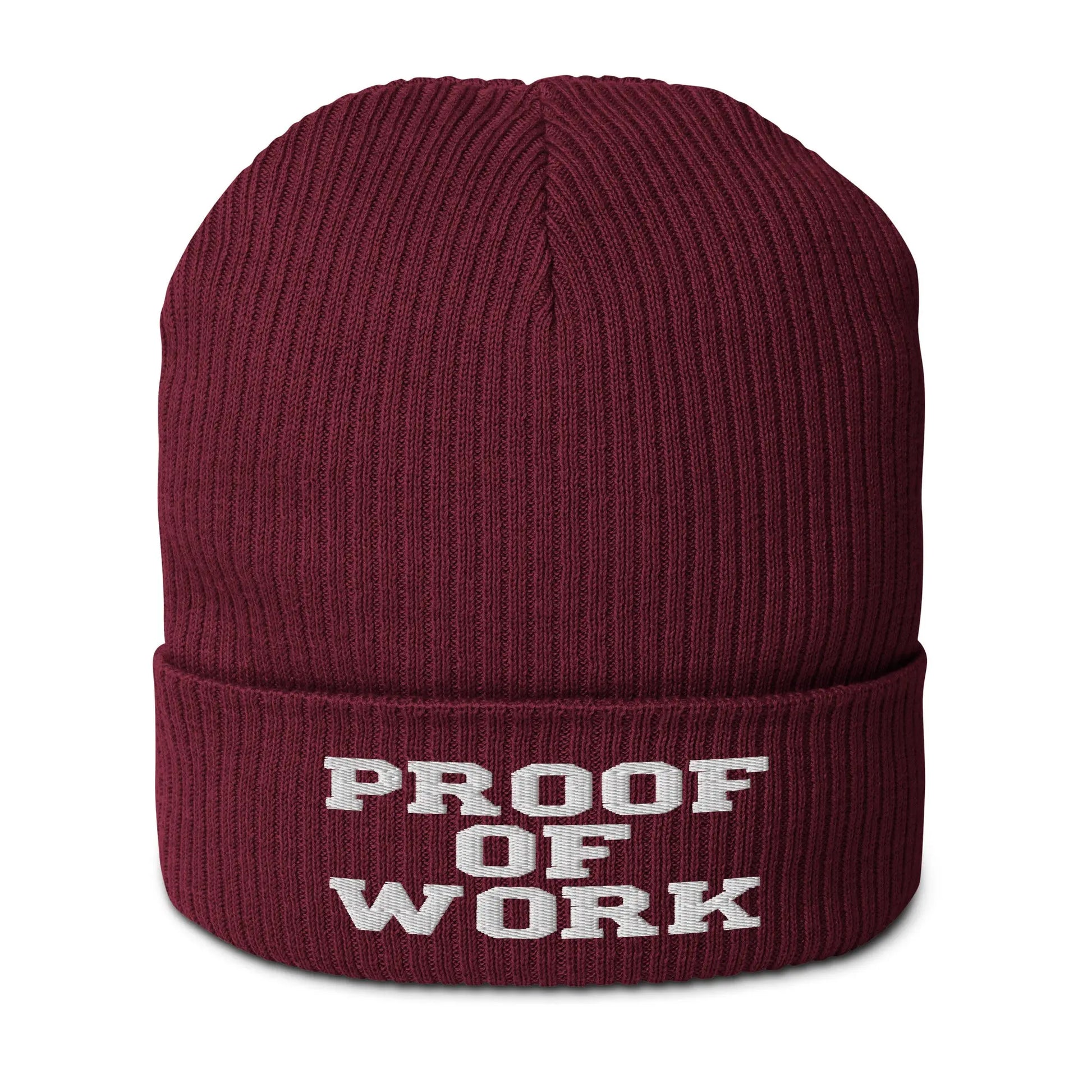 bitcoin beanie - proof of work - front view - burgundy