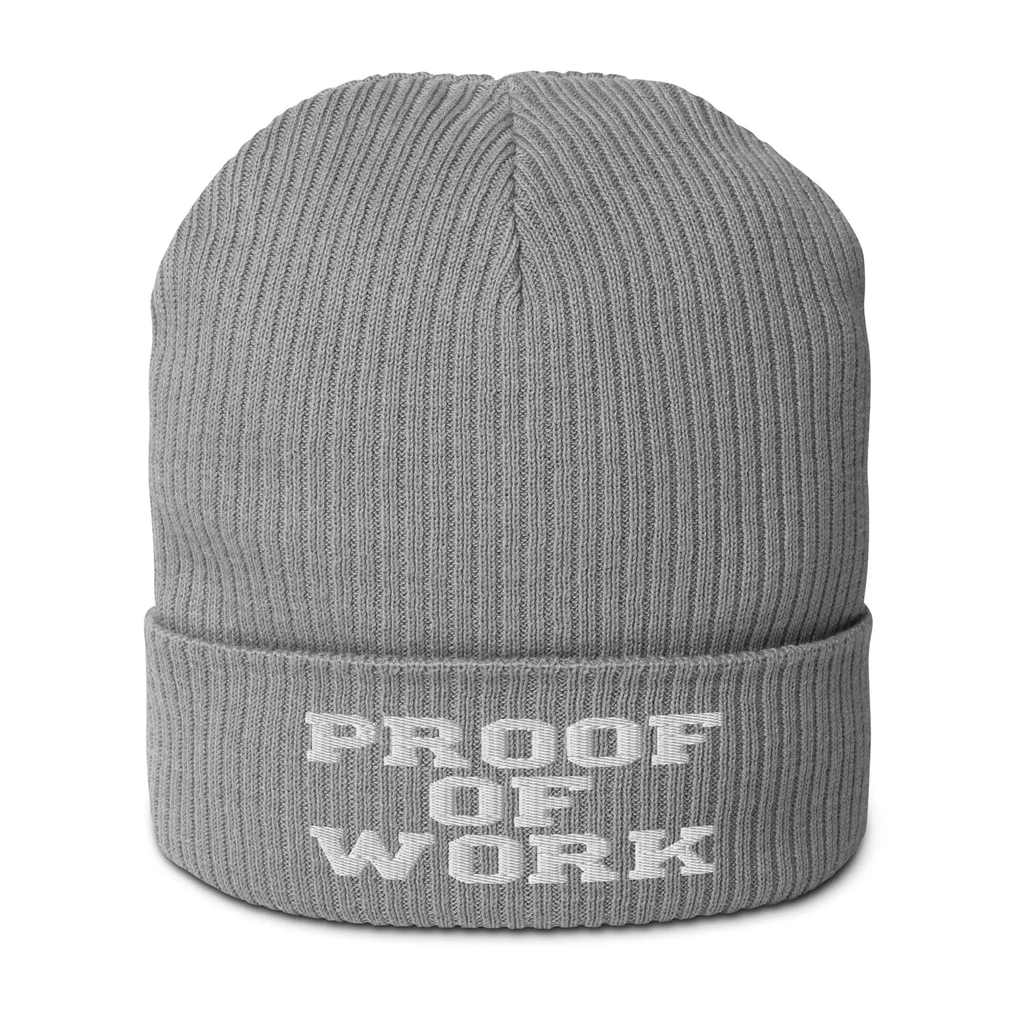 bitcoin beanie - proof of work - front view - grey