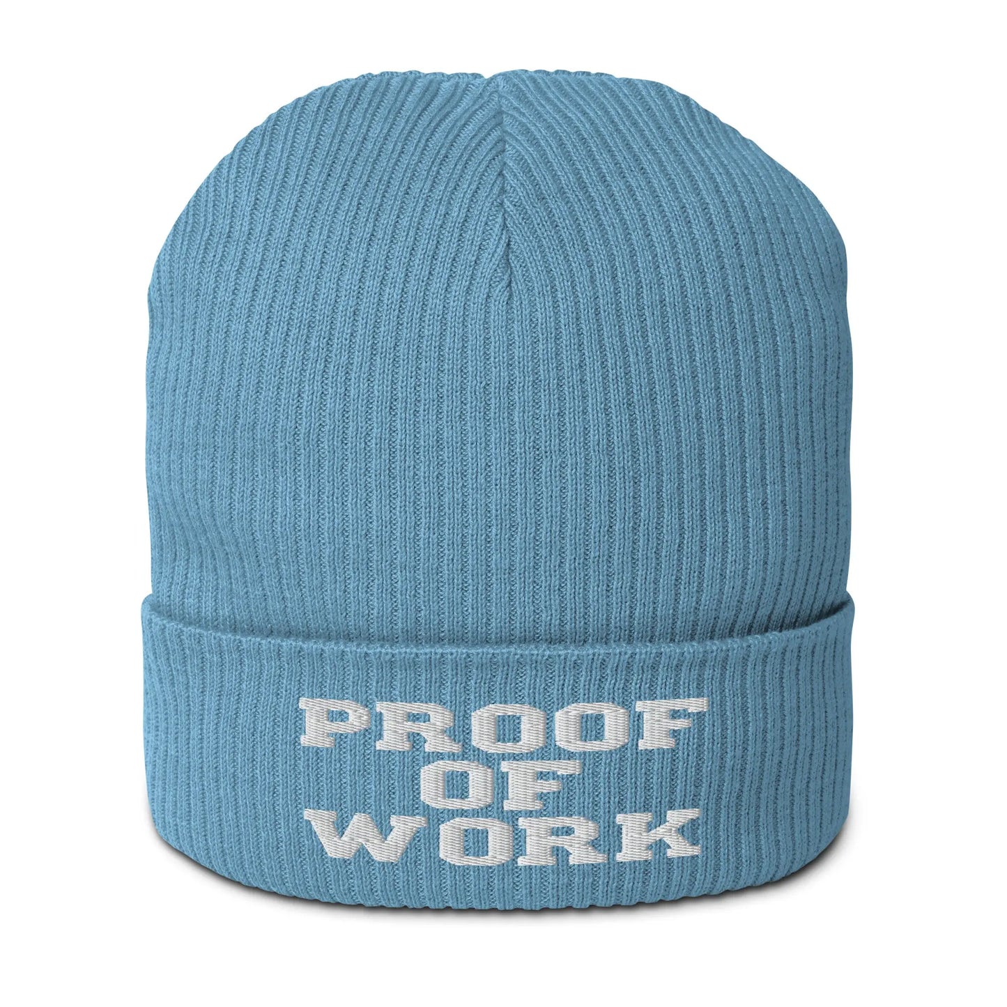 bitcoin beanie - proof of work - front view - light avio blue