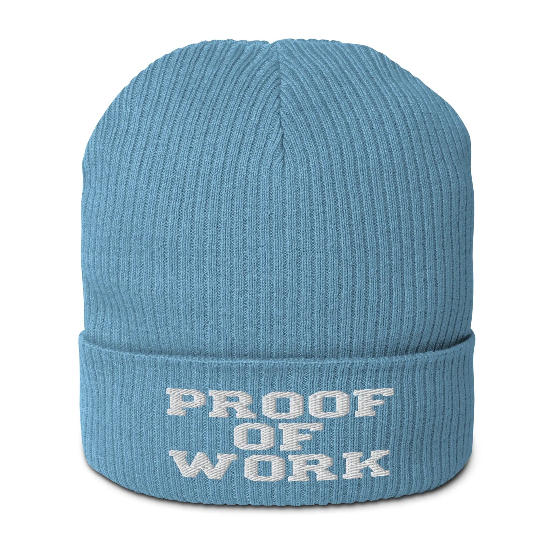 bitcoin beanie - proof of work - front view - light avio blue