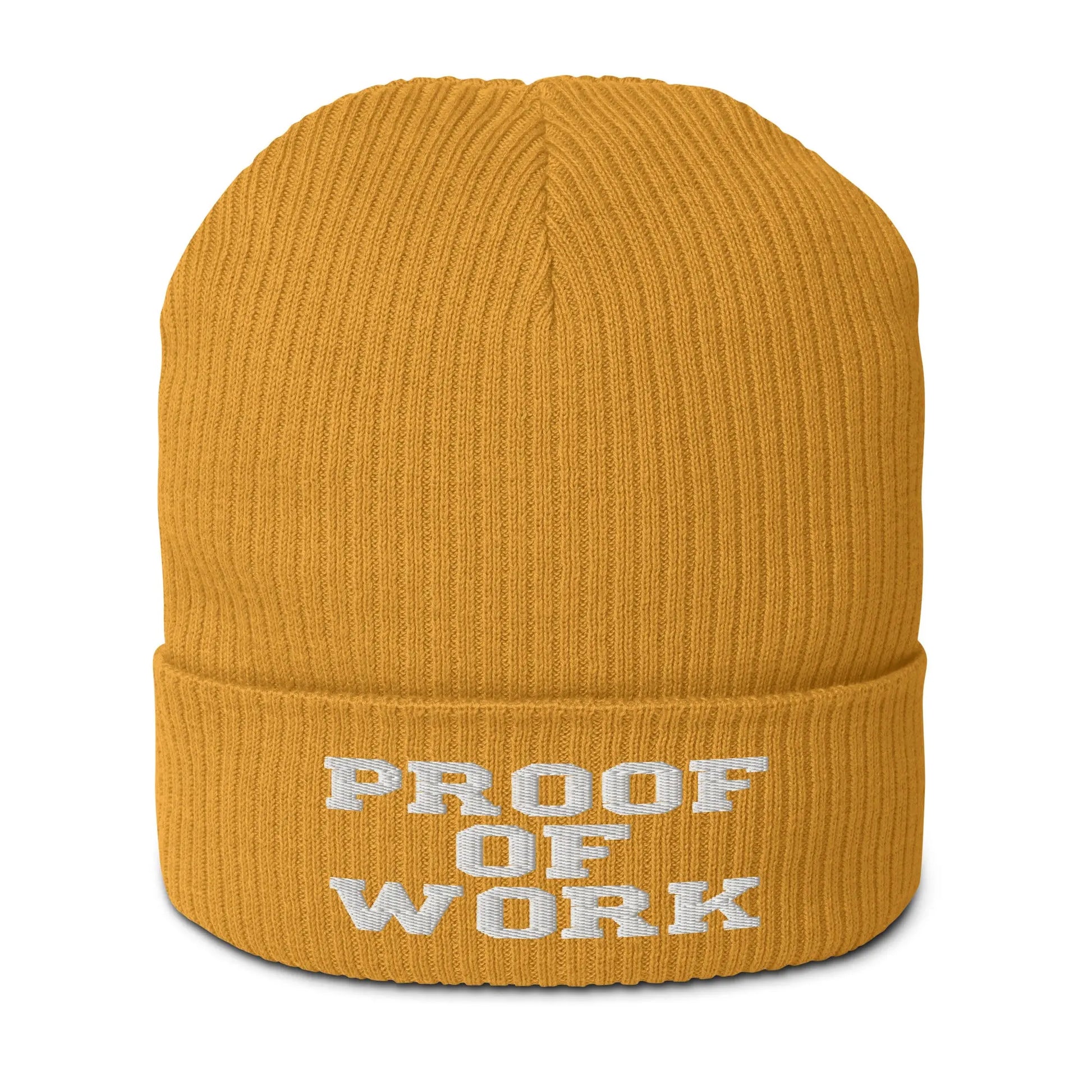 bitcoin beanie - proof of work - front view - mustard yellow