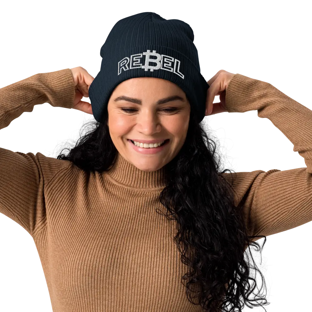 bitcoin beanie - rebel - front view - navy blue