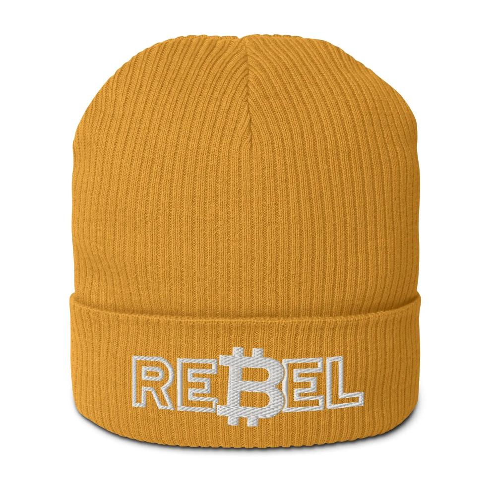 bitcoin beanie - rebel - front view - mustard yellow