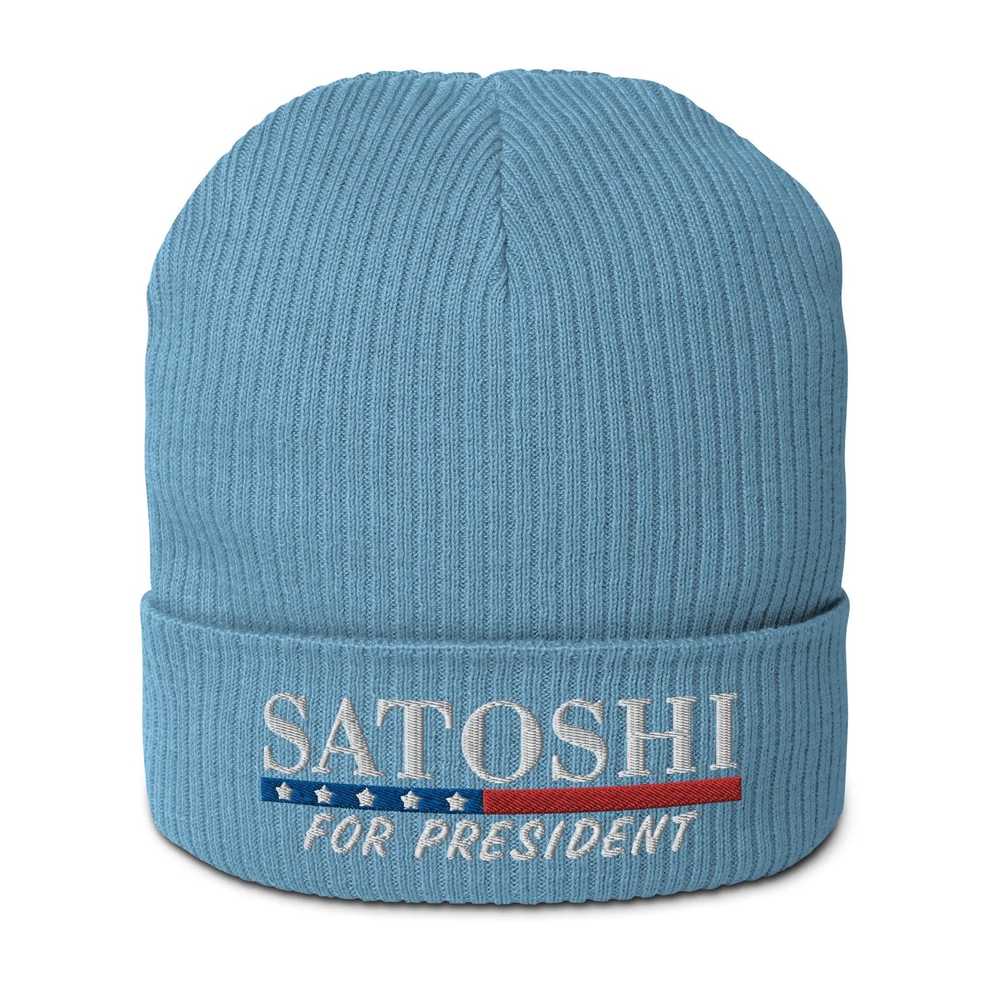 bitcoin beanie - satoshi for president - front view - avio blue