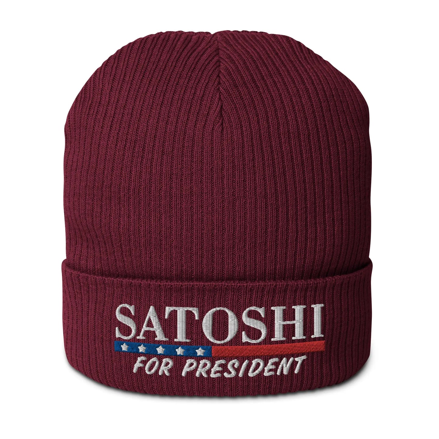 bitcoin beanie - satoshi for president - front view - burgundy