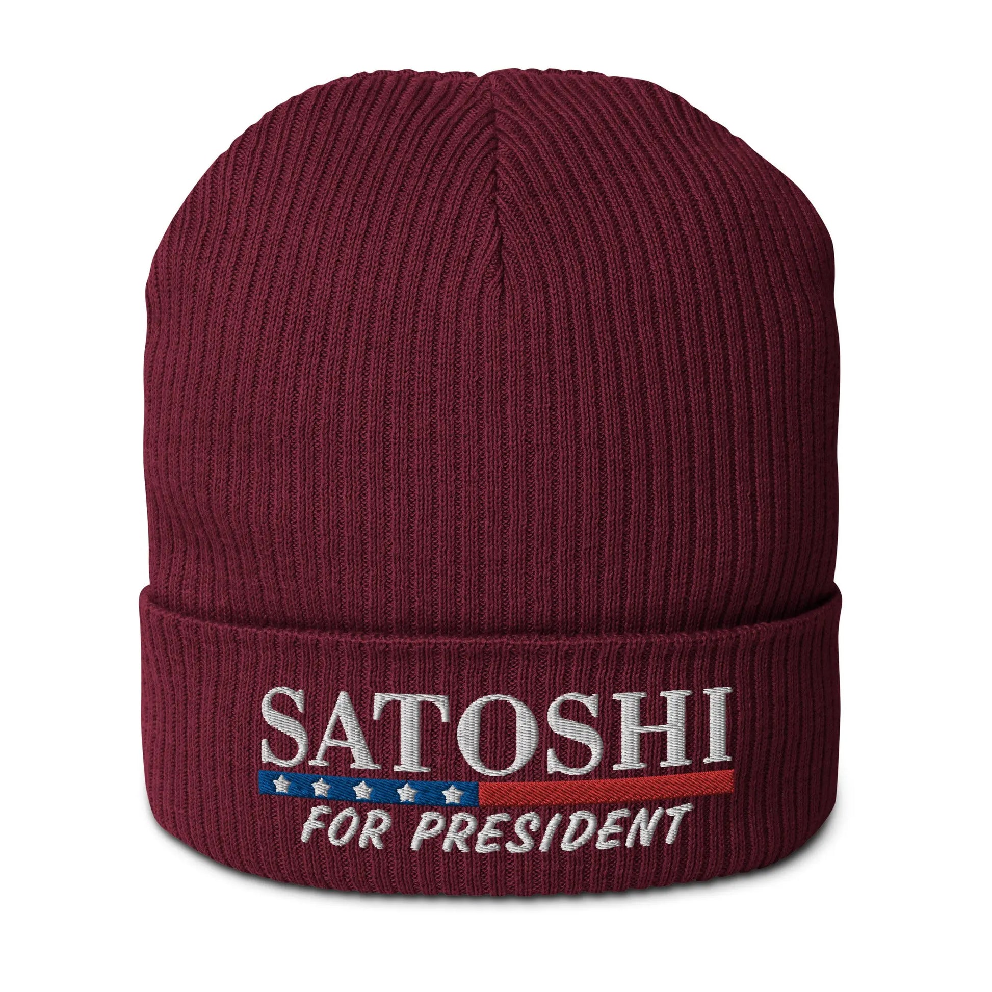 bitcoin beanie - satoshi for president - front view - burgundy