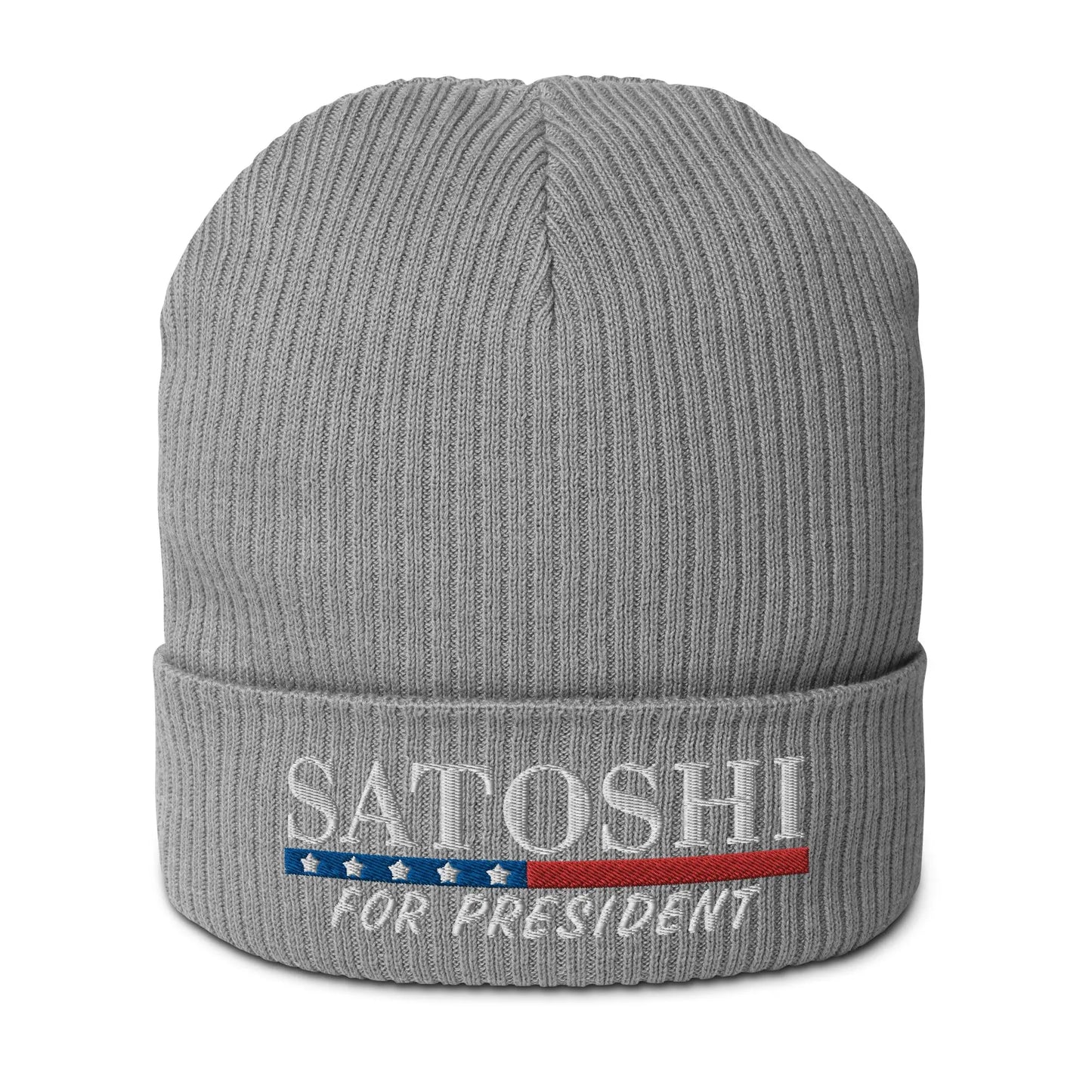 bitcoin beanie - satoshi for president - front view - grey