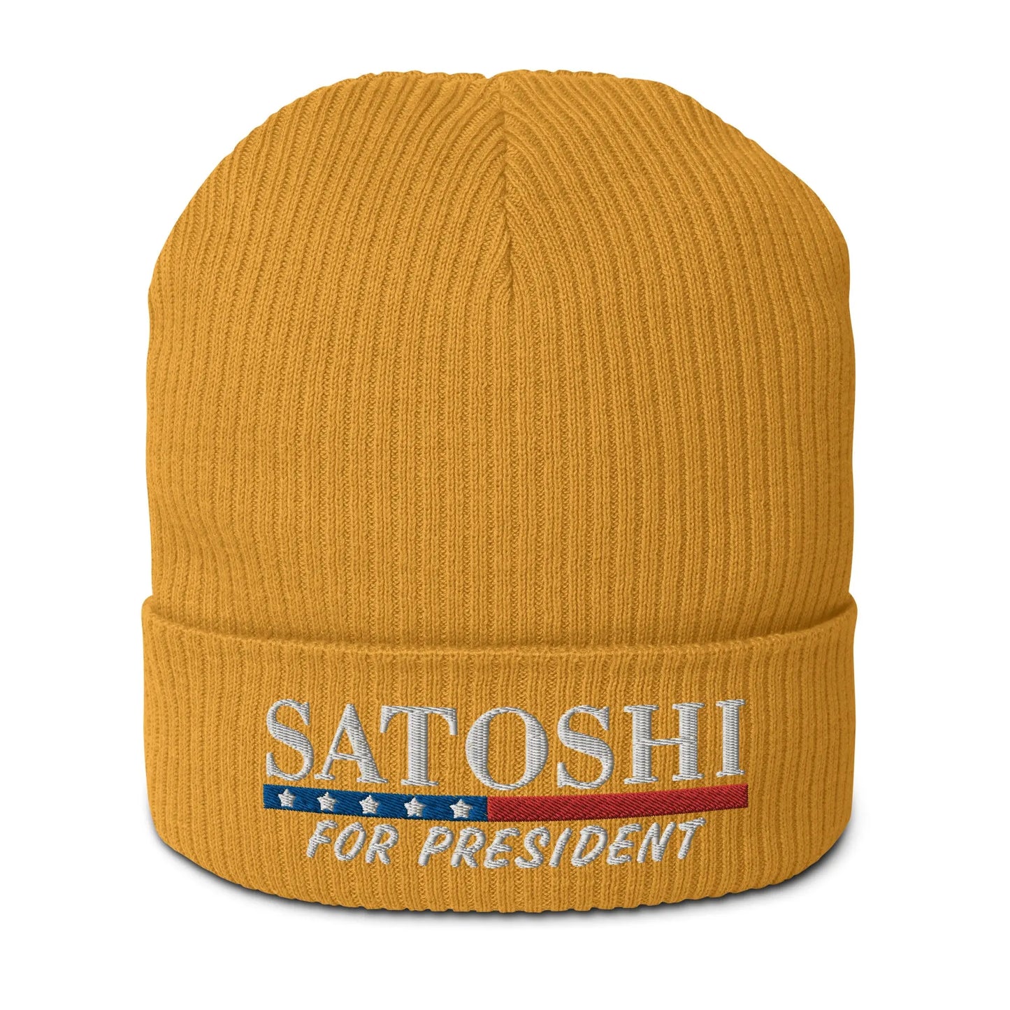 bitcoin beanie - satoshi for president - front view - mustard yellow