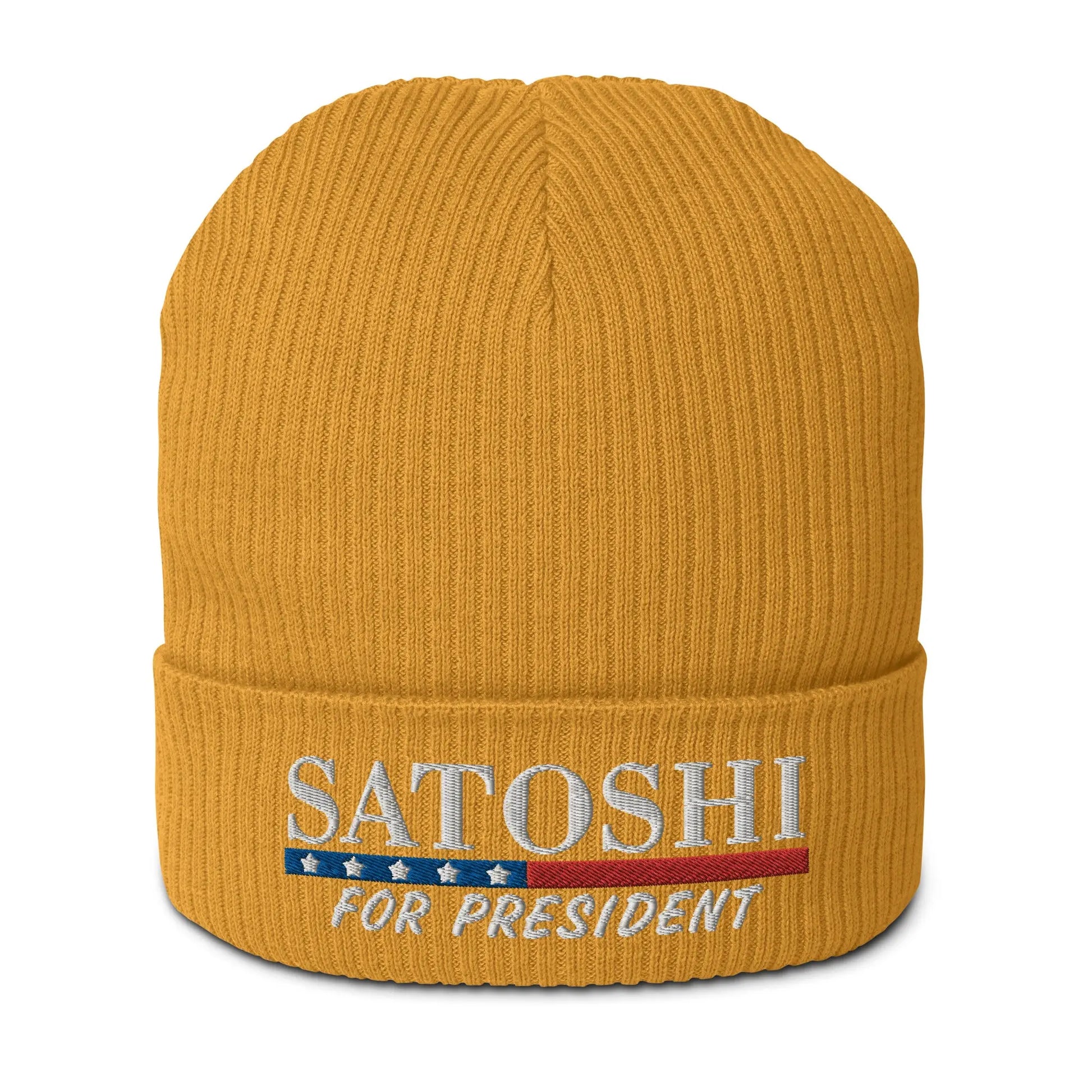 bitcoin beanie - satoshi for president - front view - mustard yellow