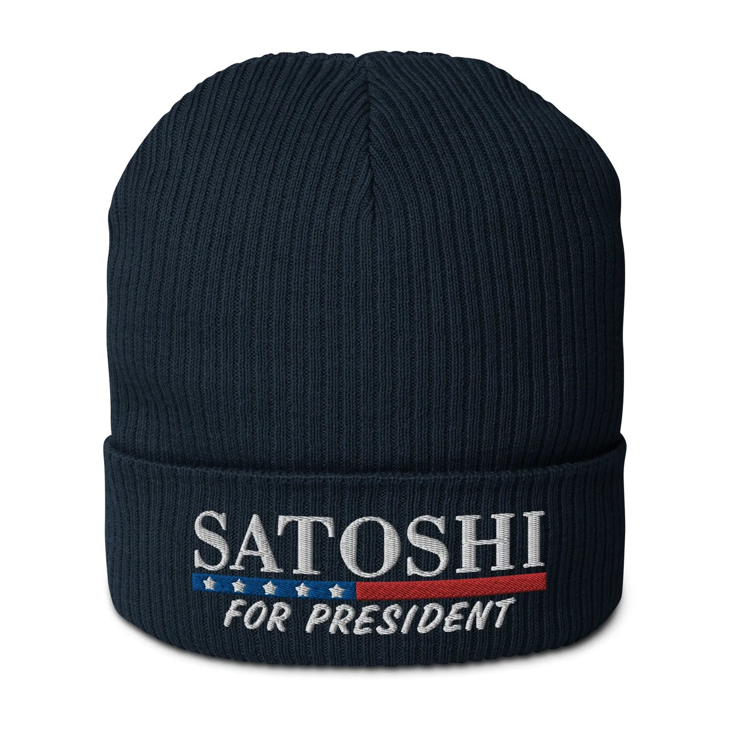 bitcoin beanie - satoshi for president - front view - navy
