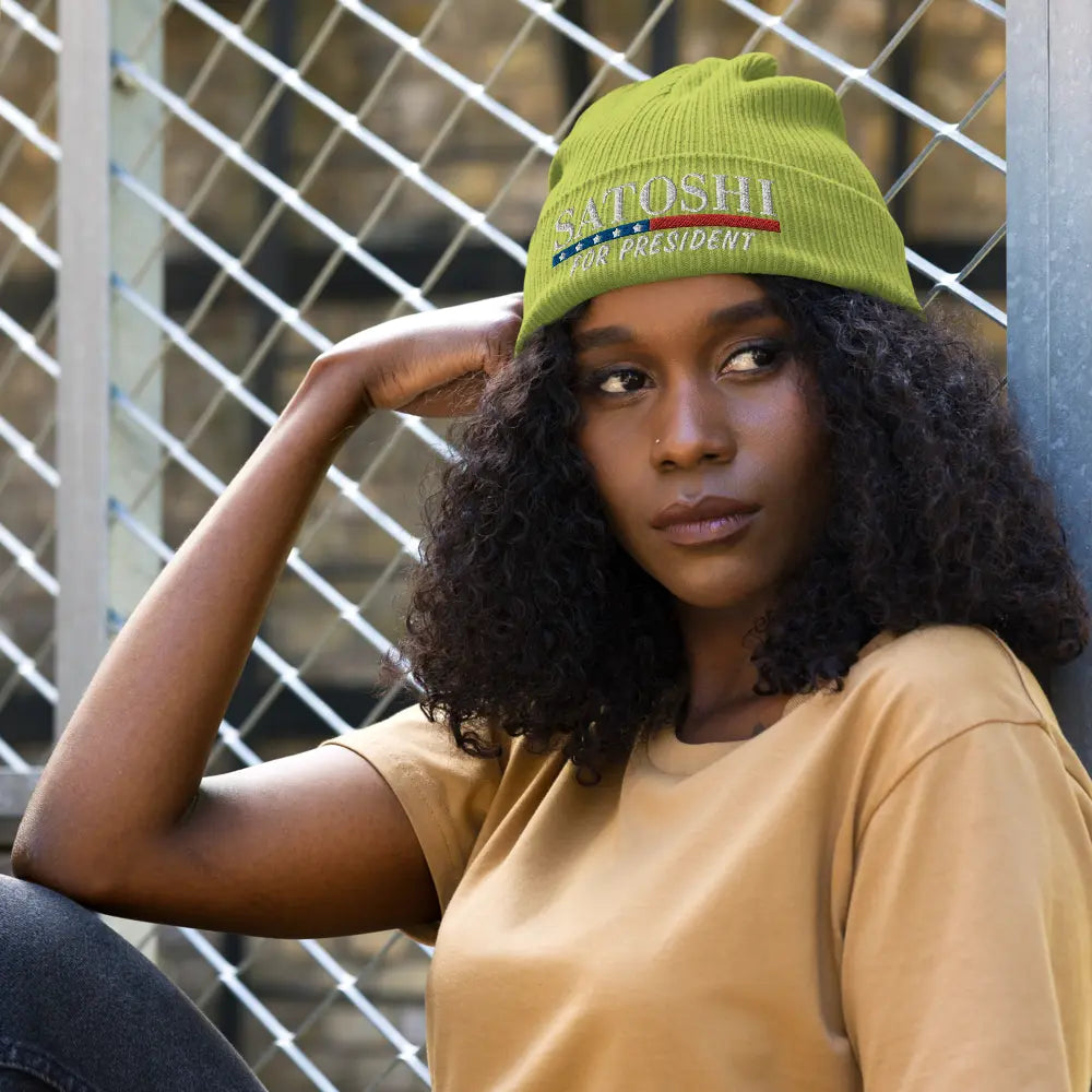 bitcoin beanie - satoshi for president - lifestyle outdoor - green - on model