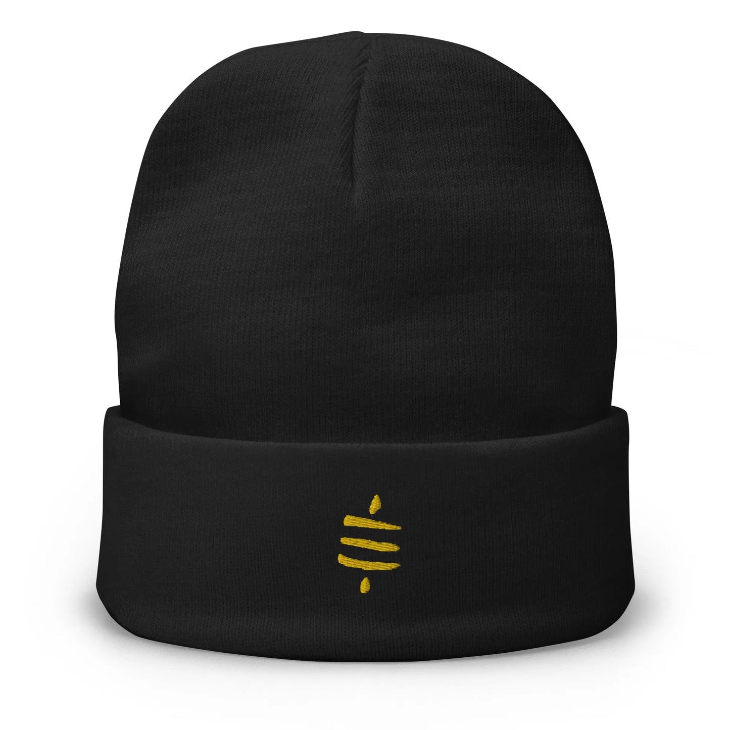 bitcoin beanie - sats symbol - gold embroidery - front view - black