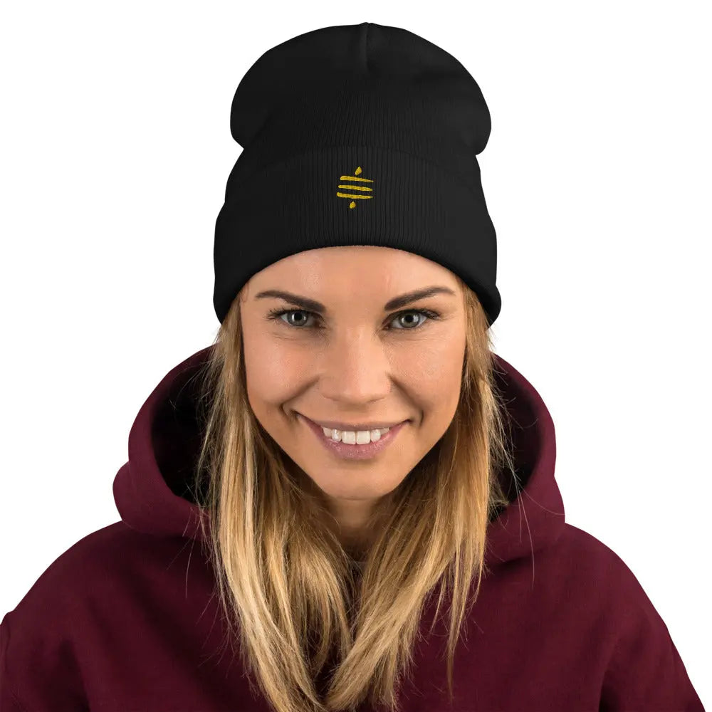 bitcoin beanie - sats symbol - gold embroidery - front view on female model - black