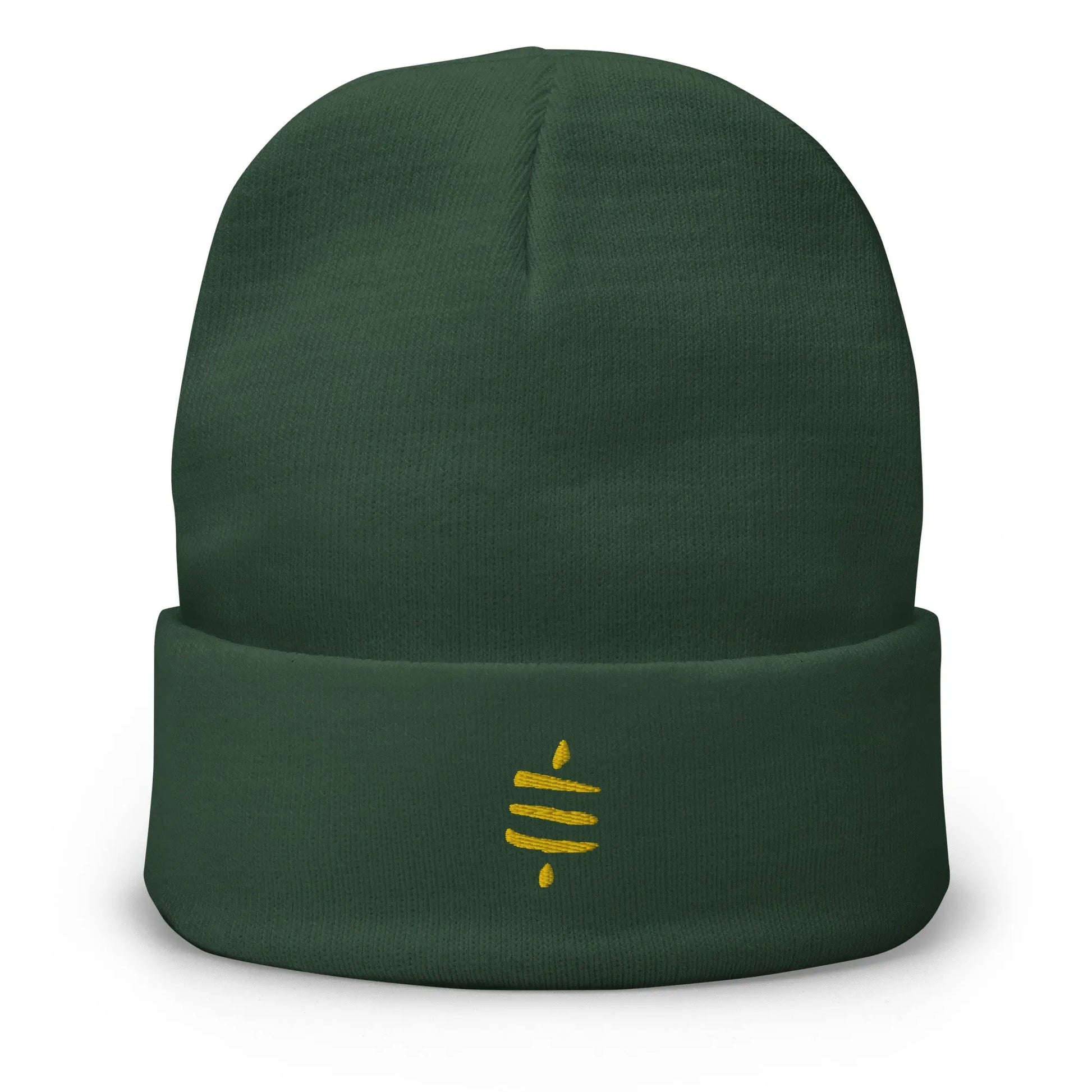 bitcoin beanie - sats symbol - gold embroidery - front view - green