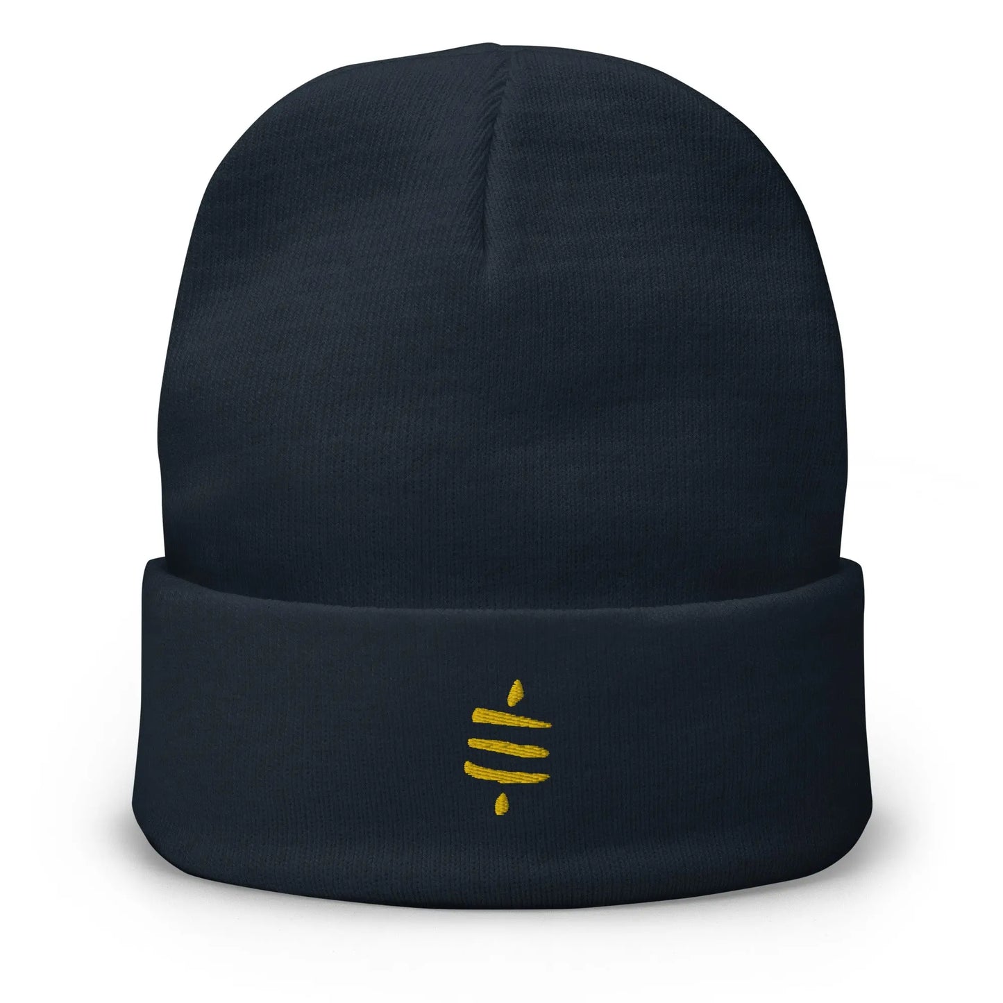 bitcoin beanie - sats symbol - gold embroidery - front view - navy blue