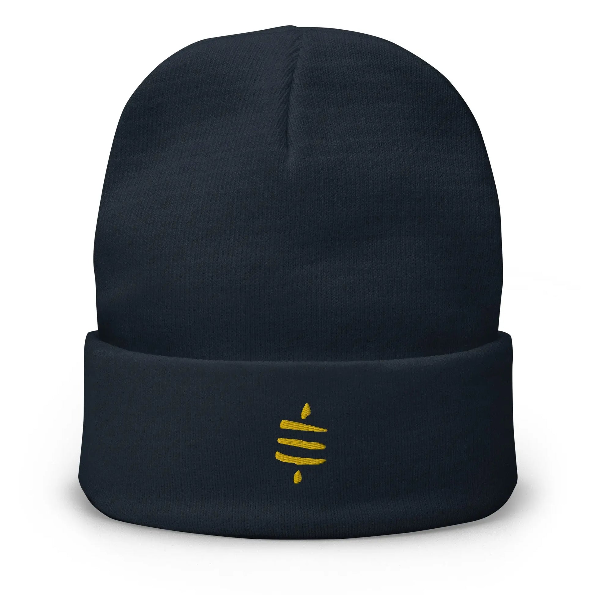 bitcoin beanie - sats symbol - gold embroidery - front view - navy blue