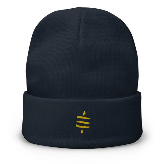 bitcoin beanie - sats symbol - gold embroidery - front view - navy blue