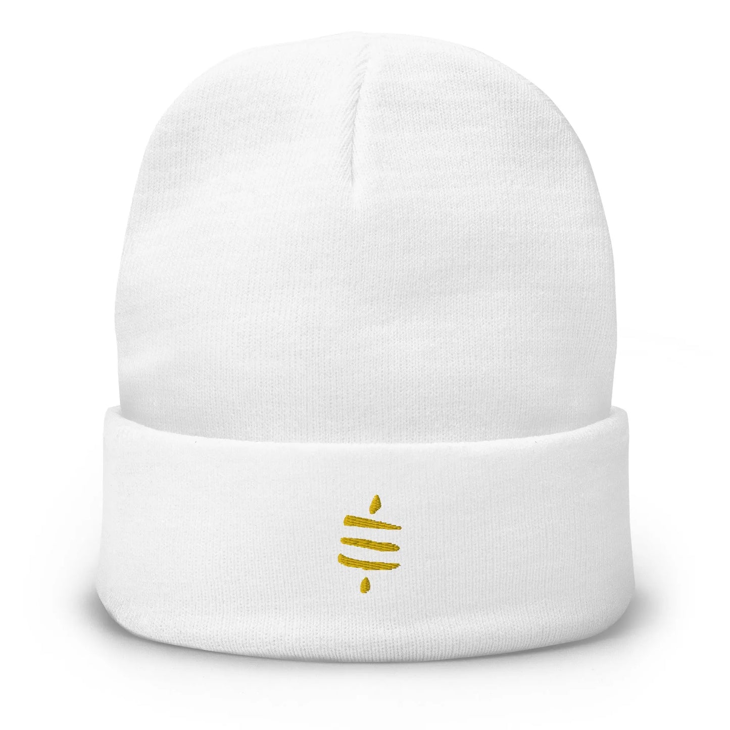 bitcoin beanie - sats symbol - gold embroidery - front view - white