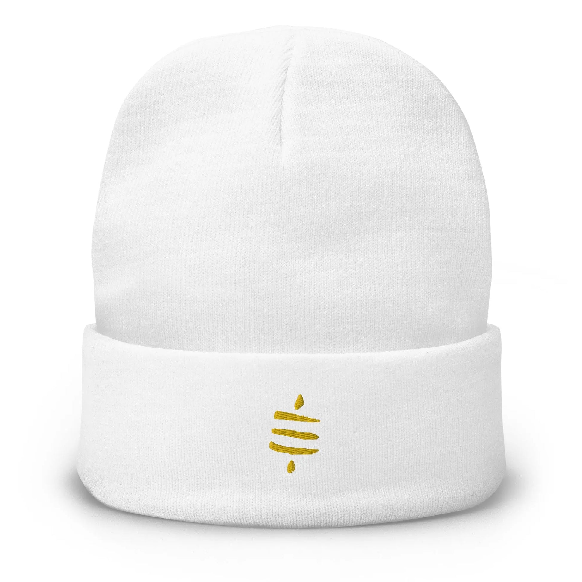 bitcoin beanie - sats symbol - gold embroidery - front view - white