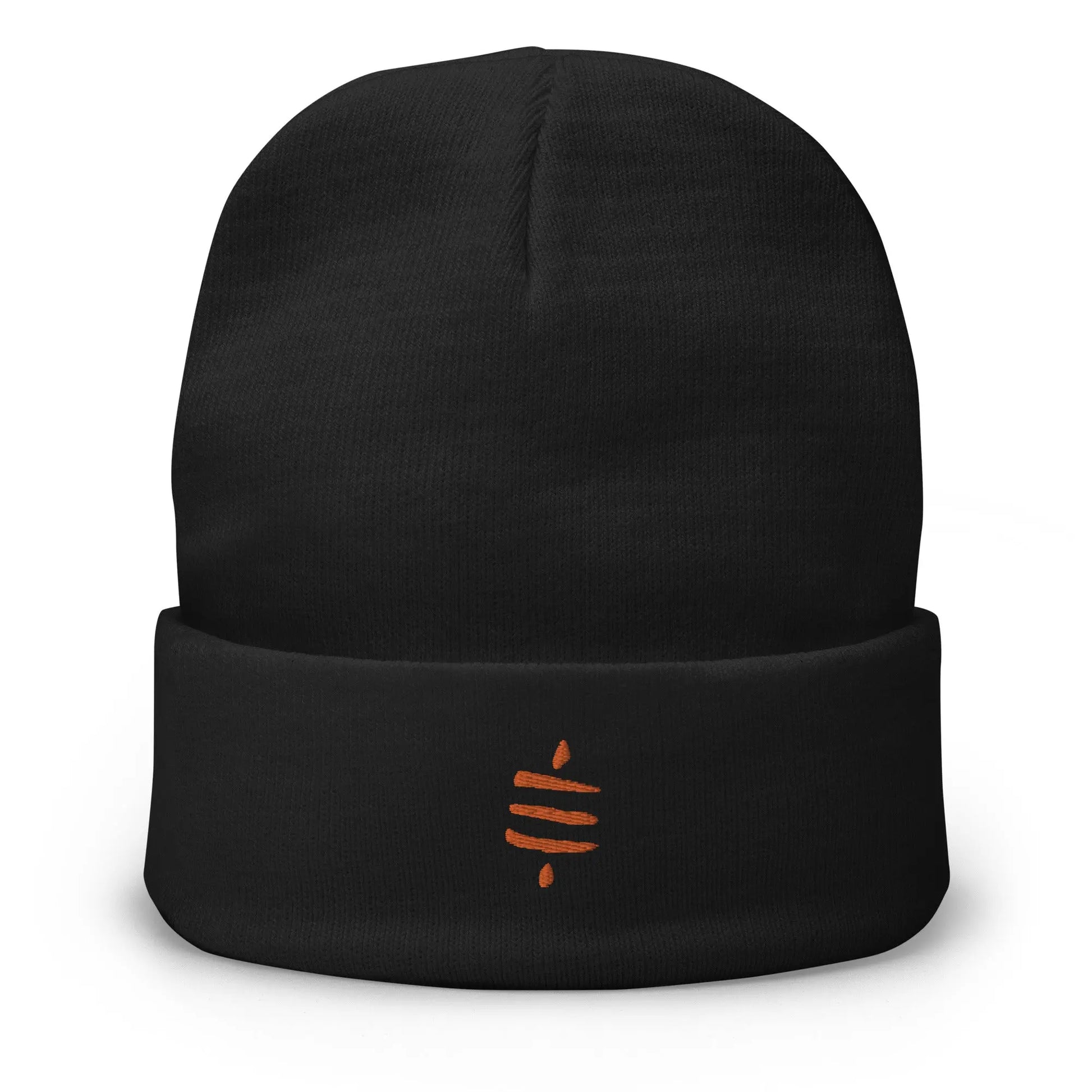 bitcoin beanie - sats symbol - orange embroidery - front view - black