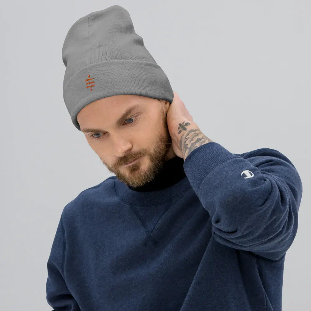 bitcoin beanie - sats symbol - orange embroidery - front view on male model - grey