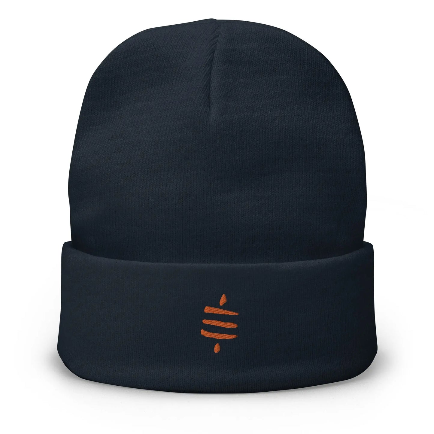 bitcoin beanie - sats symbol - orange embroidery - front view - navy