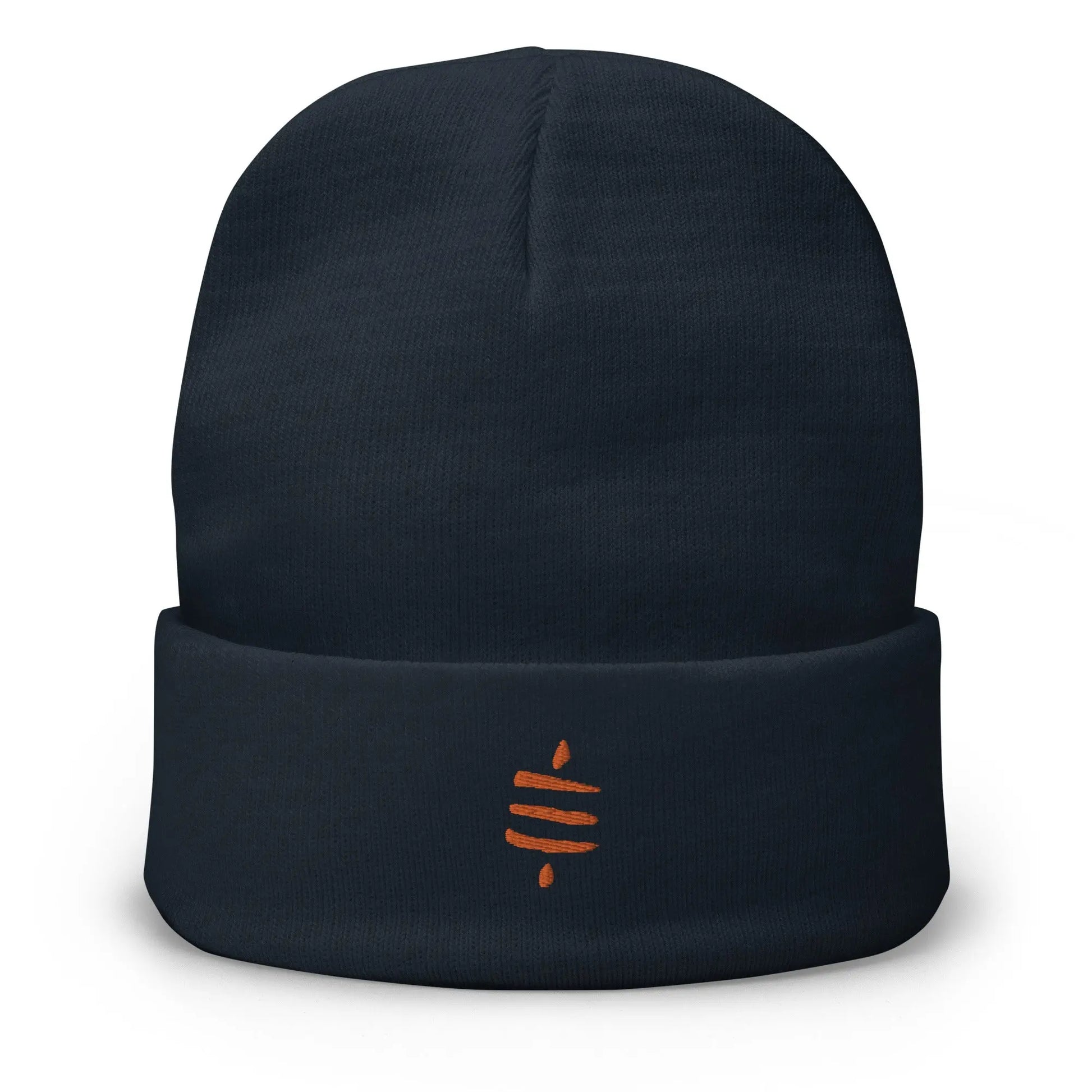 bitcoin beanie - sats symbol - orange embroidery - front view - navy