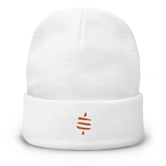 bitcoin beanie - sats symbol - orange embroidery - front view - white