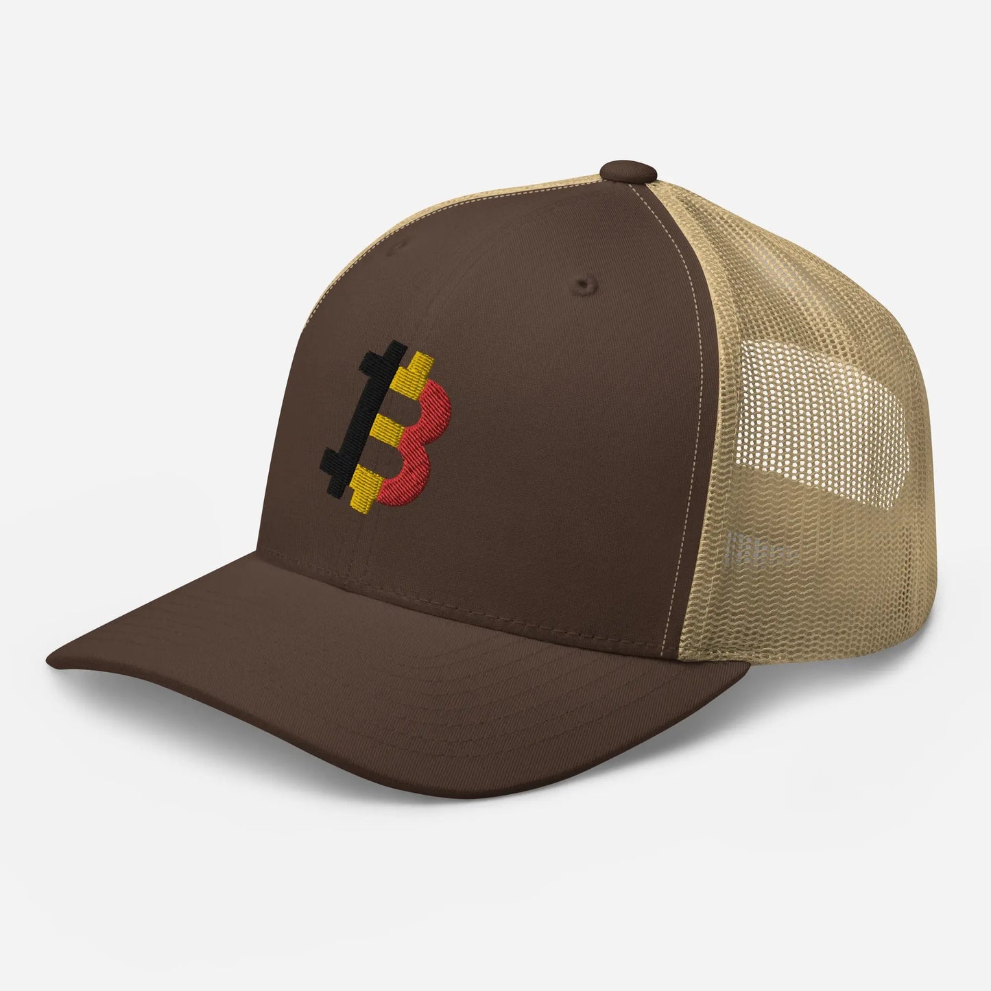 bitcoin trucker hat belgian flag design angled front brown and khaki
