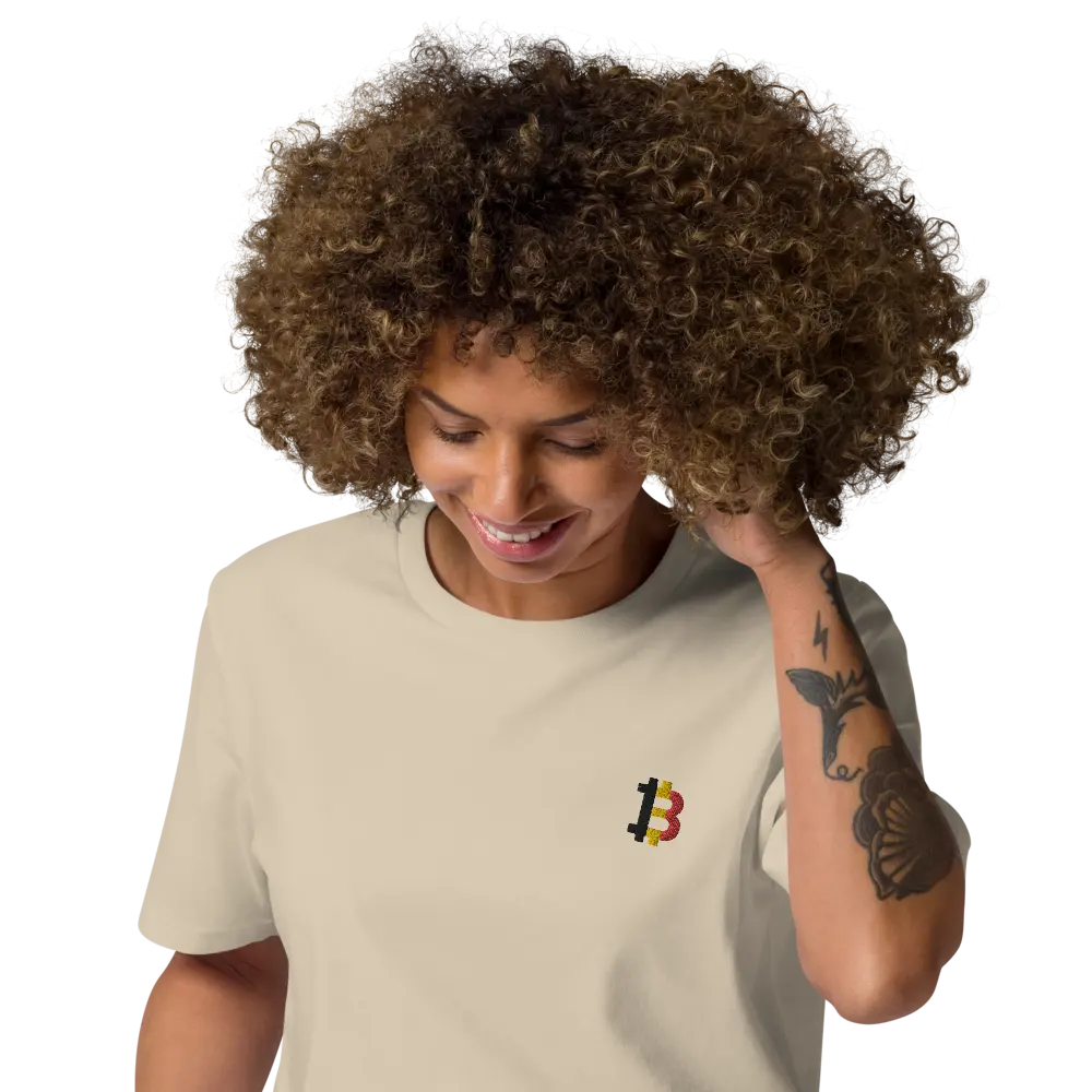 Bitcoin T-Shirt – Belgian Bitcoin Flag - worn on female model - beige