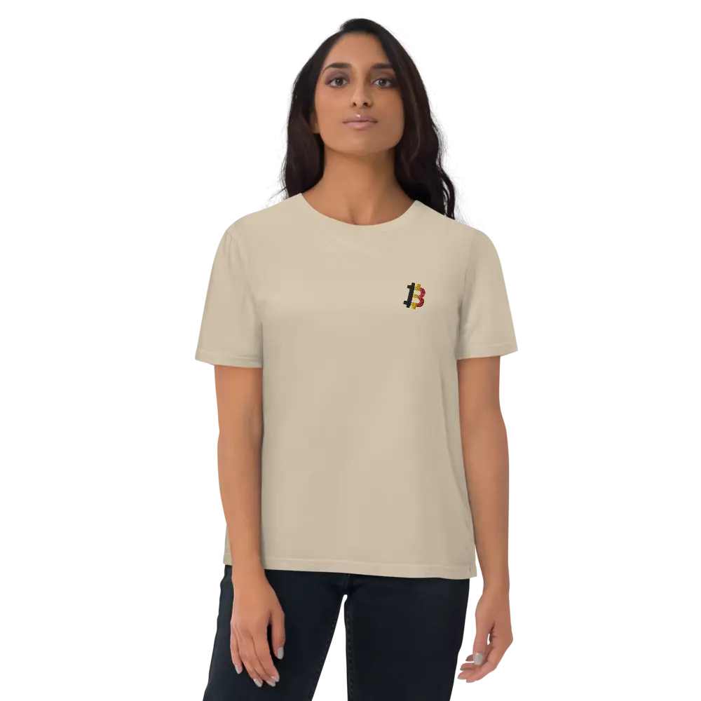 Bitcoin T-Shirt – Belgian Bitcoin Flag -worn on standing model - female 