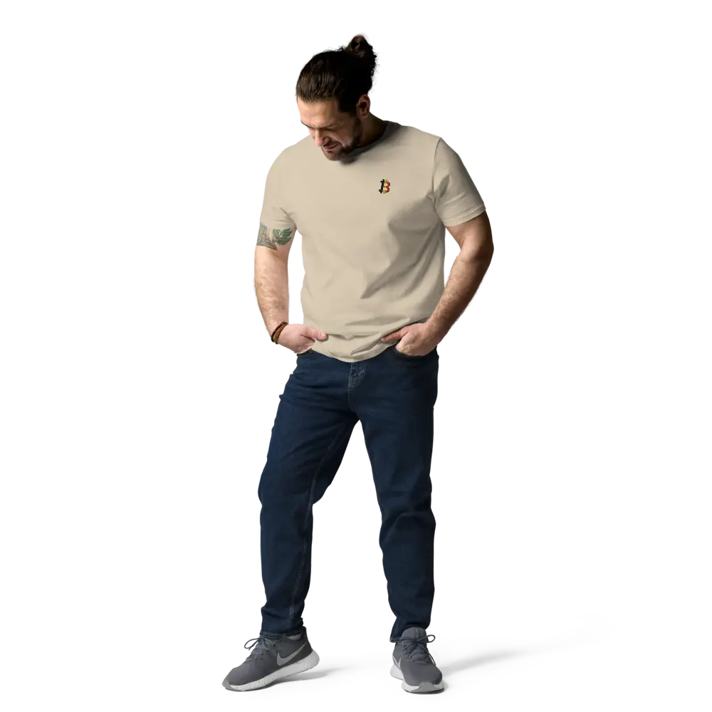 Bitcoin T-Shirt – Belgian Bitcoin Flag -worn on male model - beige