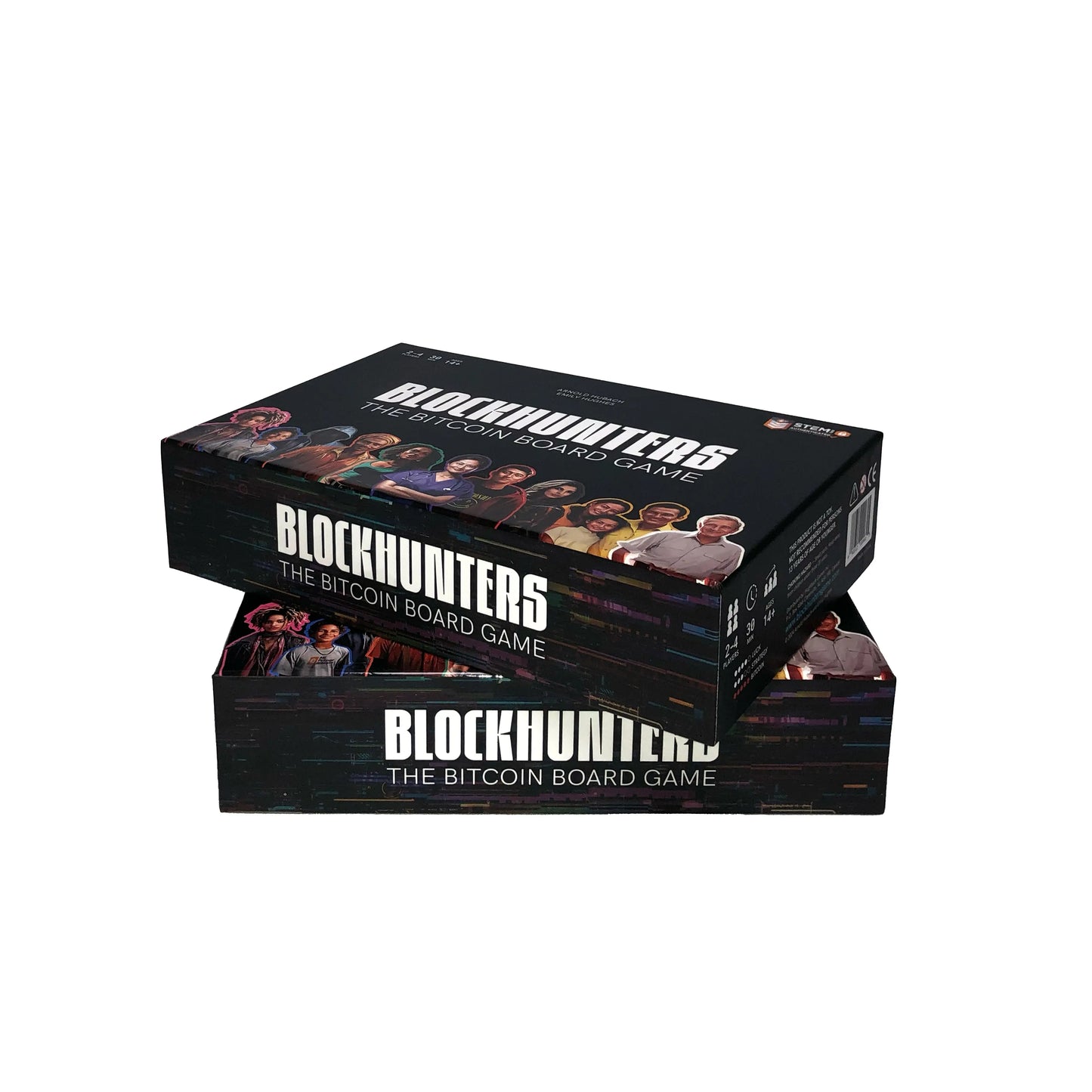 bitcoin board game - blockhunters - box view - two boxes stacked