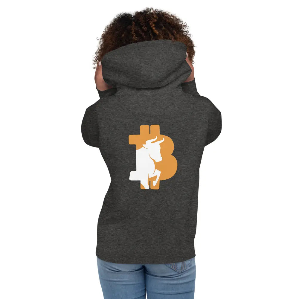 bitcoin hoodie - bitcoin bull - back print - worn on female model 