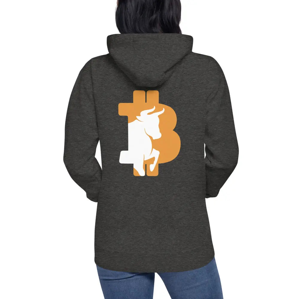 bitcoin hoodie - bitcoin bull - back print - worn on model - grey