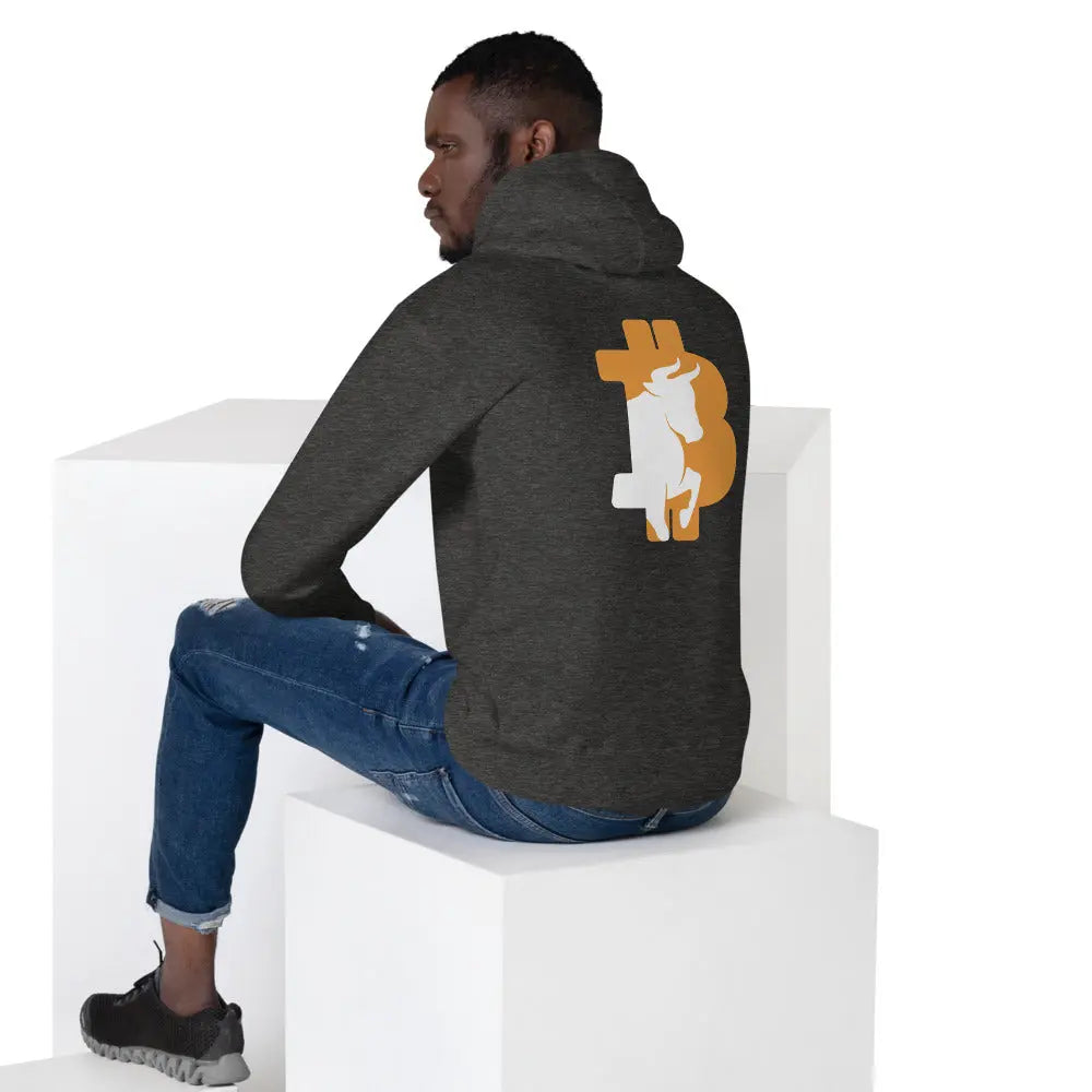 bitcoin hoodie - bitcoin bull - back print - worn on model 