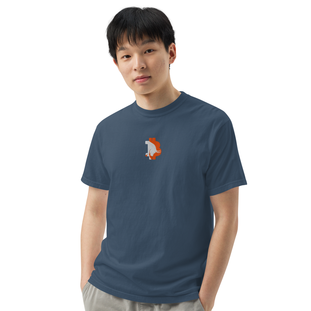 bitcoin t-shirt - bitcoin bull - worn on model - midnight blue