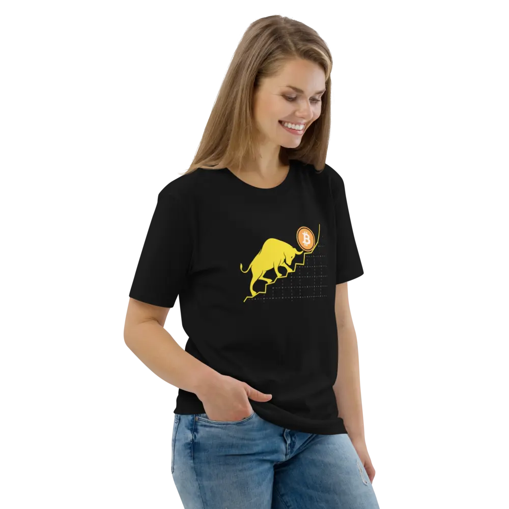 Bitcoin T-Shirt – Bullish - worn on smiling female model - black