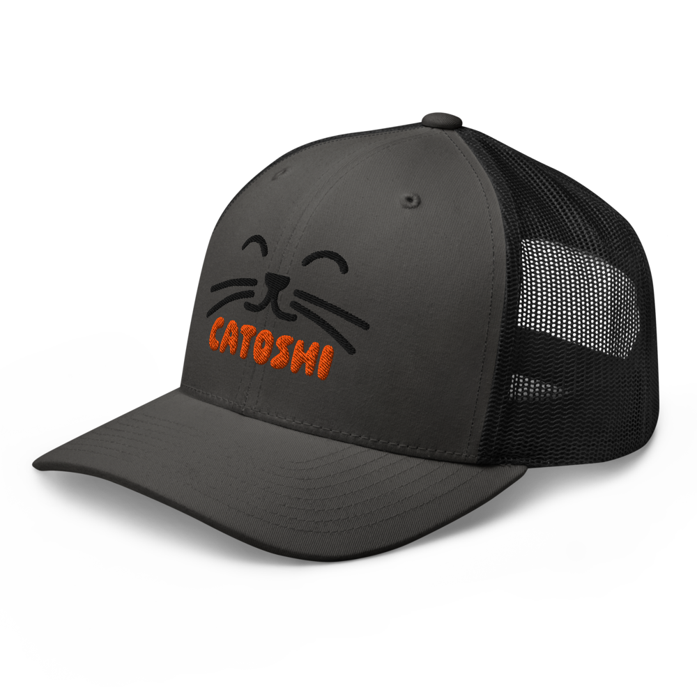 bitcoin trucker hat catoshi design angled front charcoal black