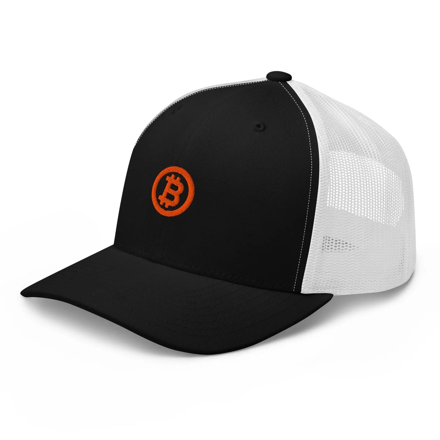 bitcoin trucker hat - bitcoin circle - angled front view - black and white