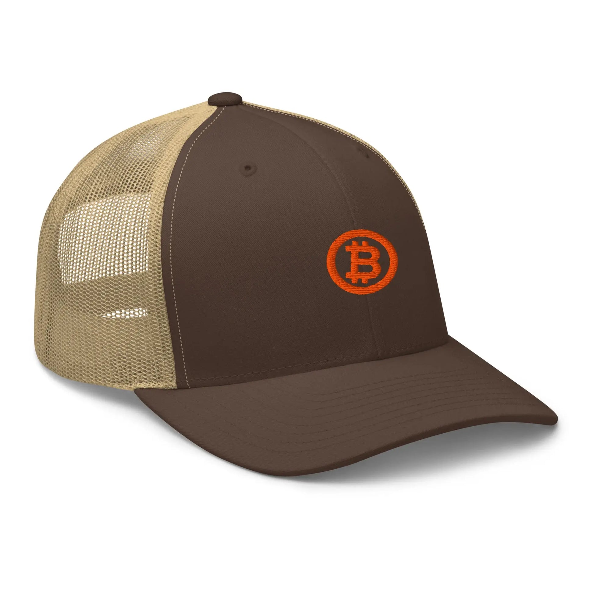 bitcoin trucker hat - bitcoin circle - angled front view - brown and khaki