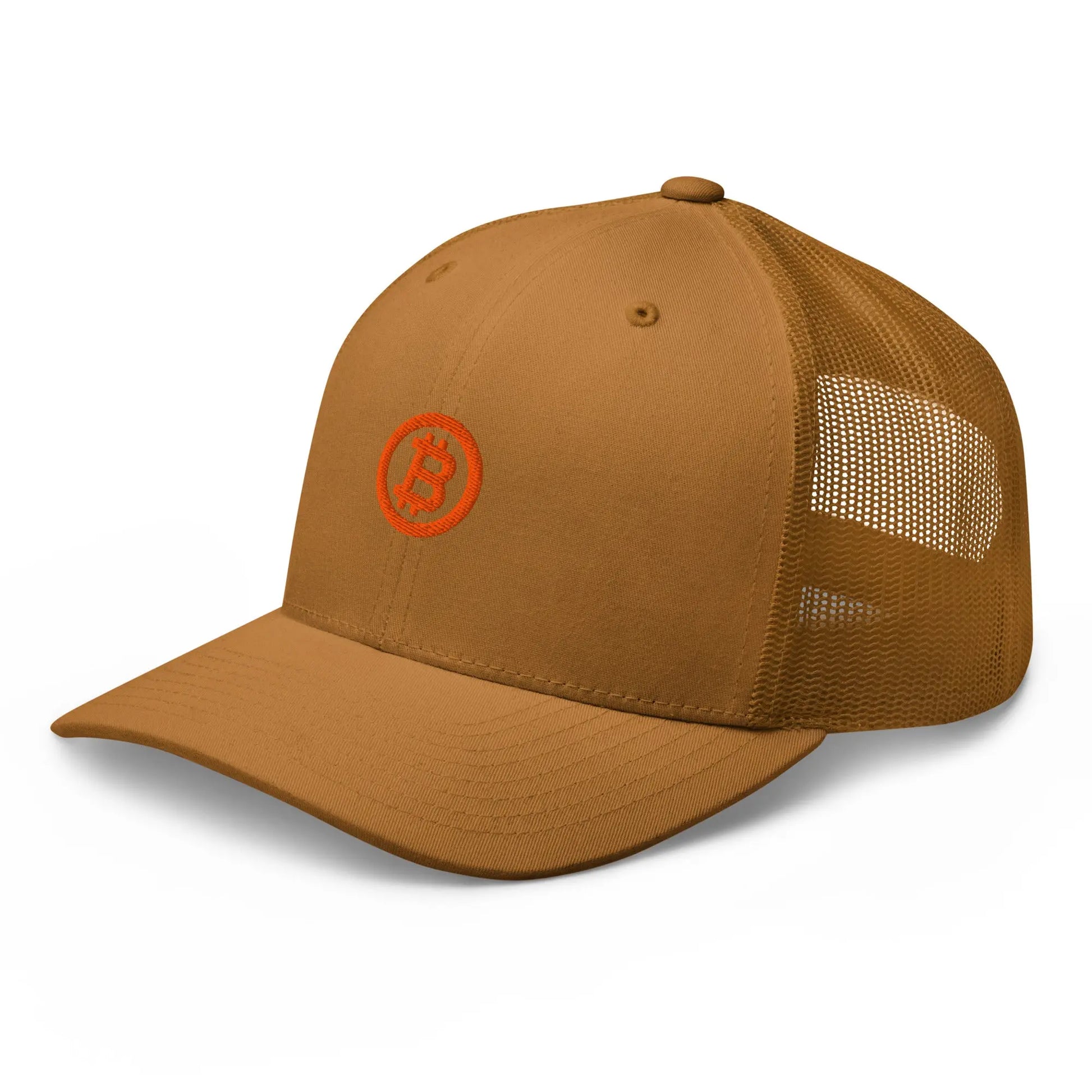 bitcoin trucker hat - bitcoin circle - angled front view - caramel