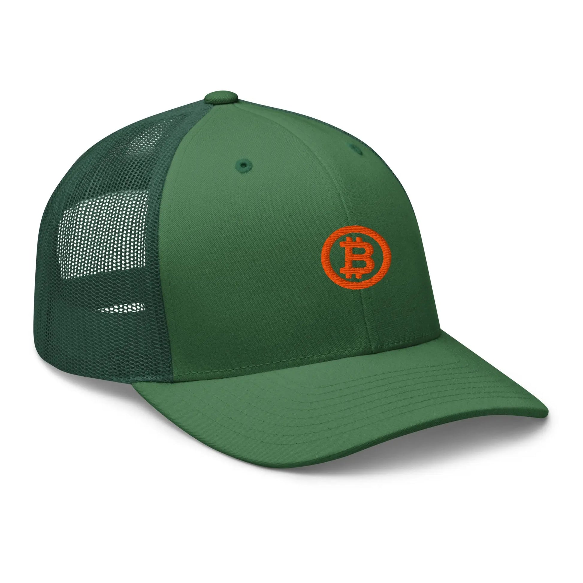 bitcoin trucker hat - bitcoin circle - angled front view - green