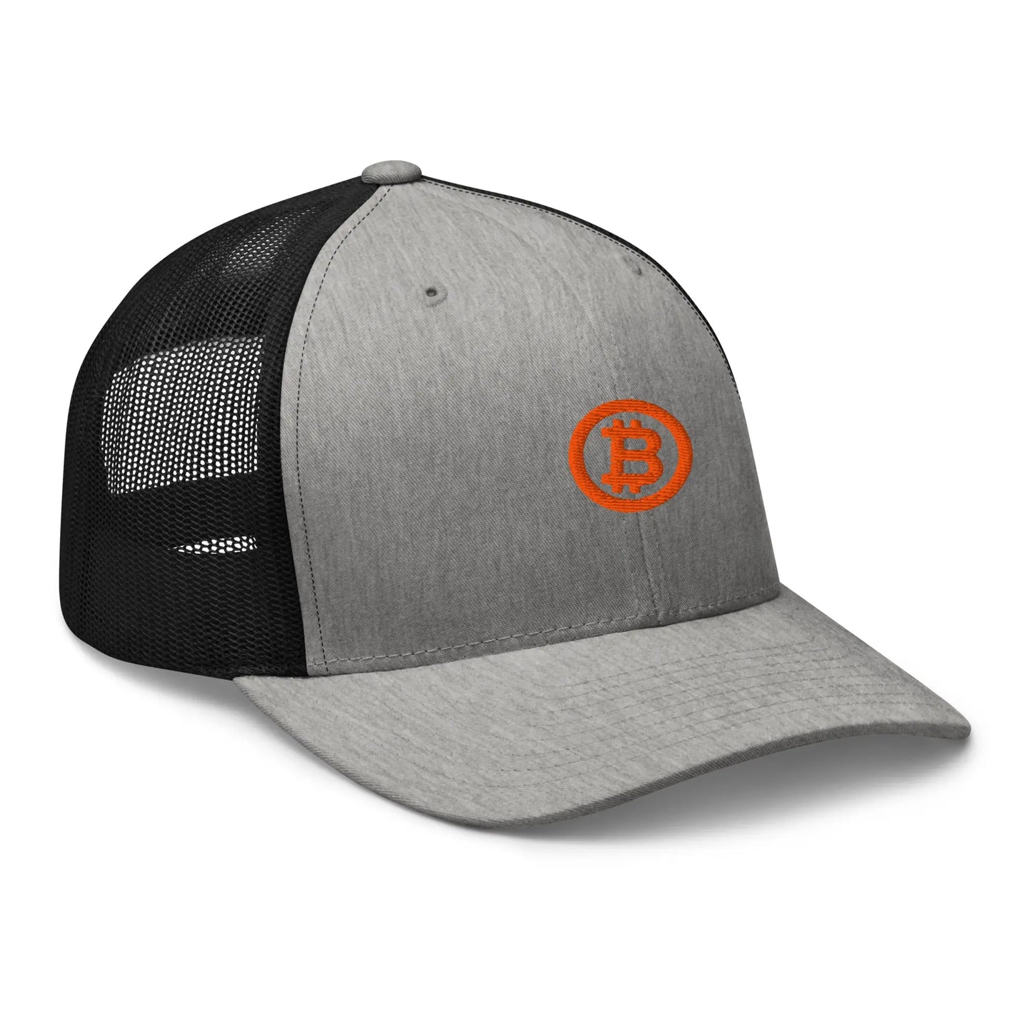 bitcoin trucker hat - bitcoin circle - angled front view - heather black