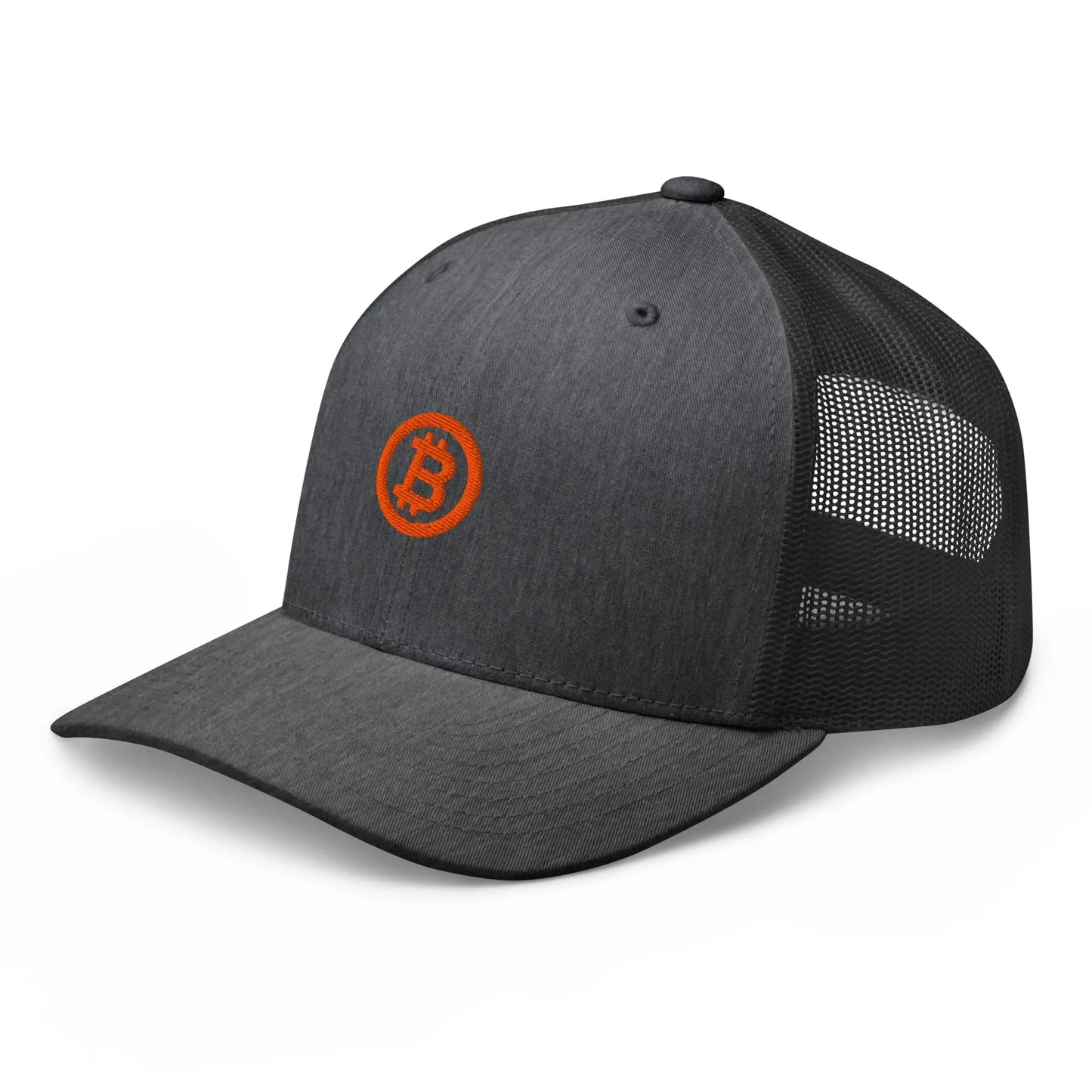 bitcoin trucker hat - bitcoin circle - angled front view - heather grey